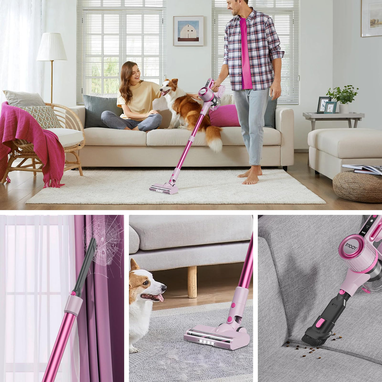 viyawise Cordless Vacuum Cleaner - Pink Vacuum for Home with 80000 RPM High, 8-in-1 Lightweight Stick Vacuum, Rechargeable Battery, Up to 40 Mins Runtime, for Carpet and Hard Floor Pet Hair (Pink)