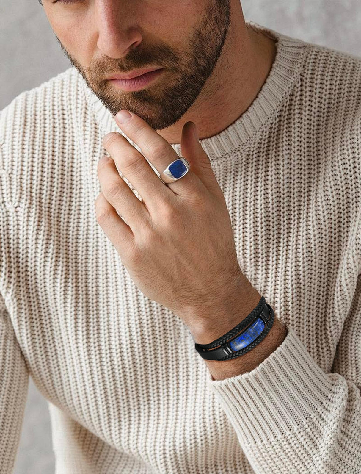 Starnny Lapis Lazuli Bracelets for Men Leather Black Bracelet