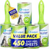 PetLovers Extra Sticky Lint Roller Mega Value Set 450 Sheets for Pet Hair Removal and Clothes, Dog and Cat Lint Remover 5 Pack Green