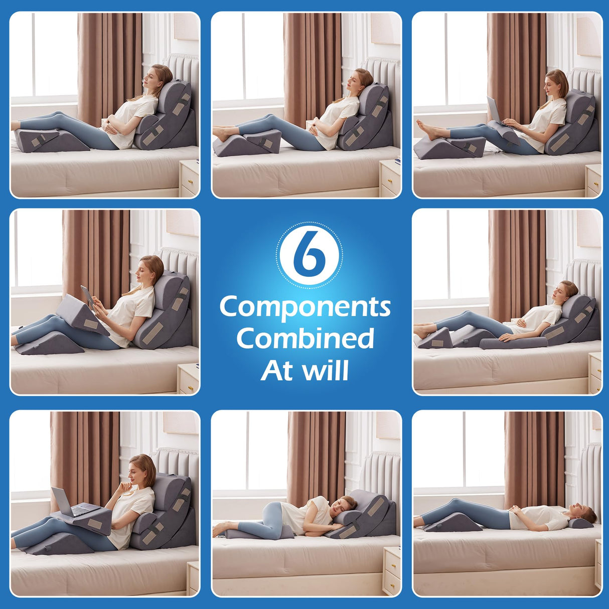 Ahpmeoa 6PCS Orthopedic Bed Wedge Pillow Set for Sitting up in Bed, Memory Foam Post Surgery Pillow for Back Pain Relief, Back Support Pillow for Acid Reflux Relief, GERD, Anti Snoring (Plush Grey)