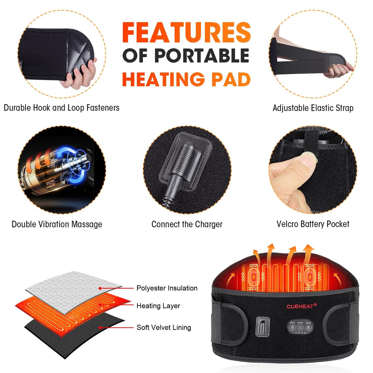 CUEHEAT Heated Waist Belt, Cordless Heating Pad for Low Back, Electrical Heating and Massage, Rechargeable Battery Powered (Black Upgraded,49 inches)
