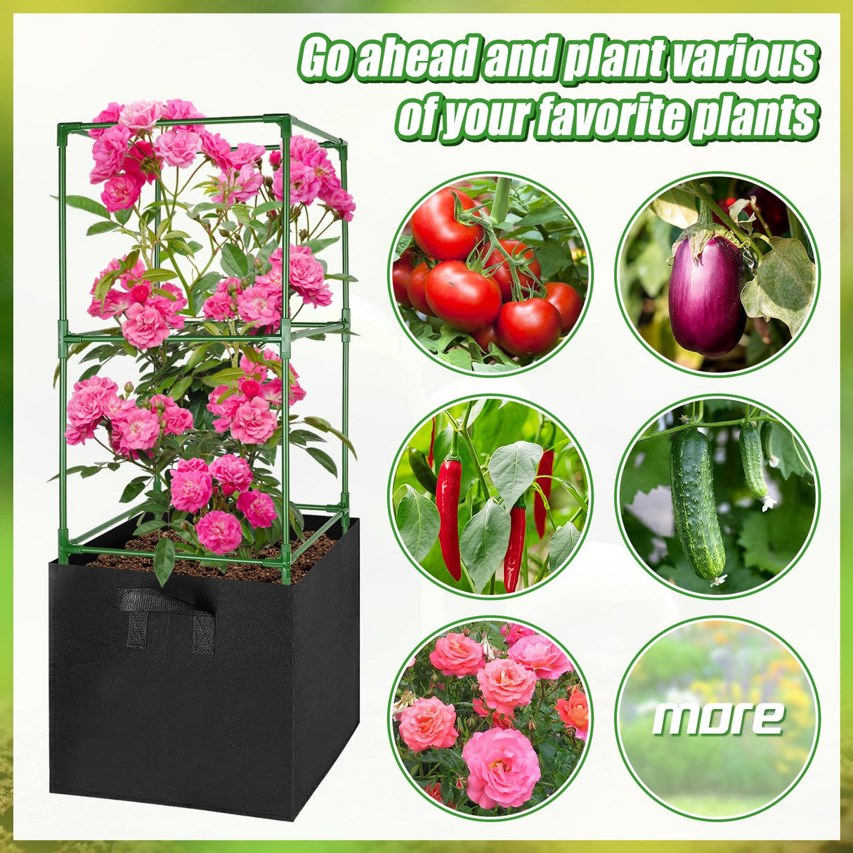 ANPHSIN Sturdy Square Tomato Cage with Movable 17 Gal Grow Bags, 3 Sets