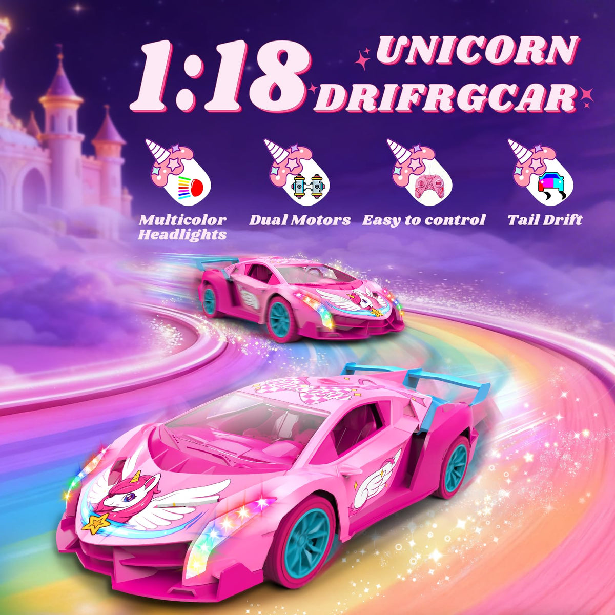 Unicorn RC Car for Girls, Rainbow Glow & Drift Wing Remote Control Car