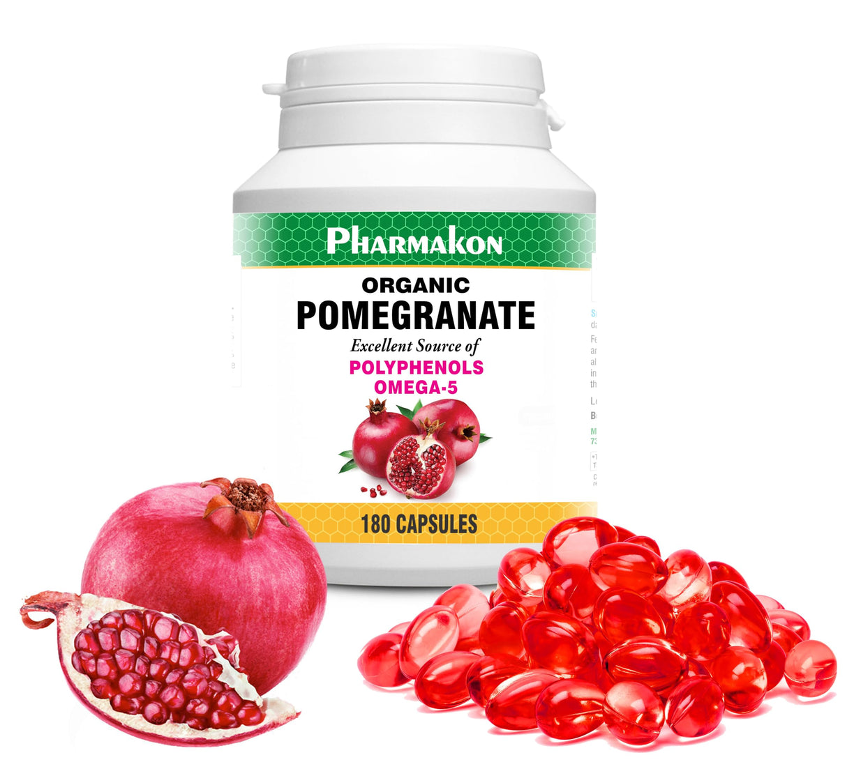 PHARMAKON Organic Pomegranate Extract, Highly Bioavailable Softgels, Full Spectrum Contains Polyphenols + Omega 5 (180 Count)