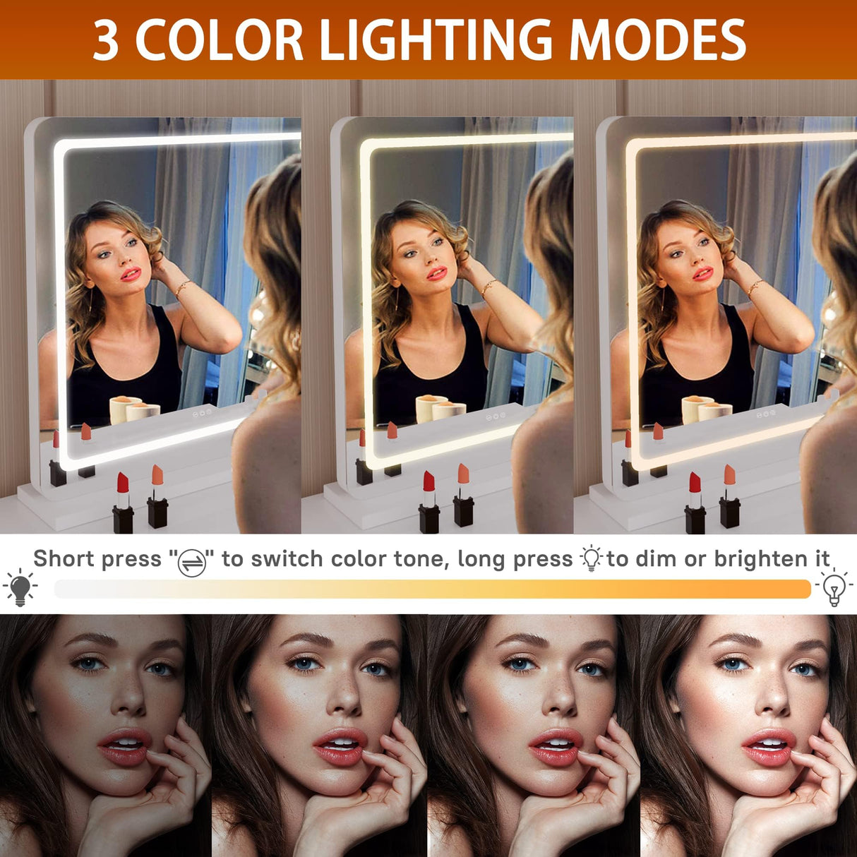 Hasipu Vanity Mirror with Lights, 23" x 18" LED Makeup Mirror, Lighted Makeup Mirror with Dimmable 3 Modes, Touch Screen Control Vanity Mirror Round White