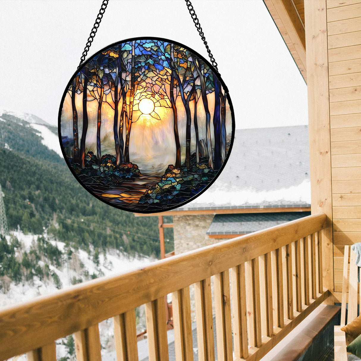 DASTOLL Stained Glass Window Hanging, Forest Sunrise Smoke Blue Brown Tree Suncatcher for Doors Window Home Landscape Sun Catchers Decor Mother's Day Birthday Gifts for Women, Men Mom 6.3 in