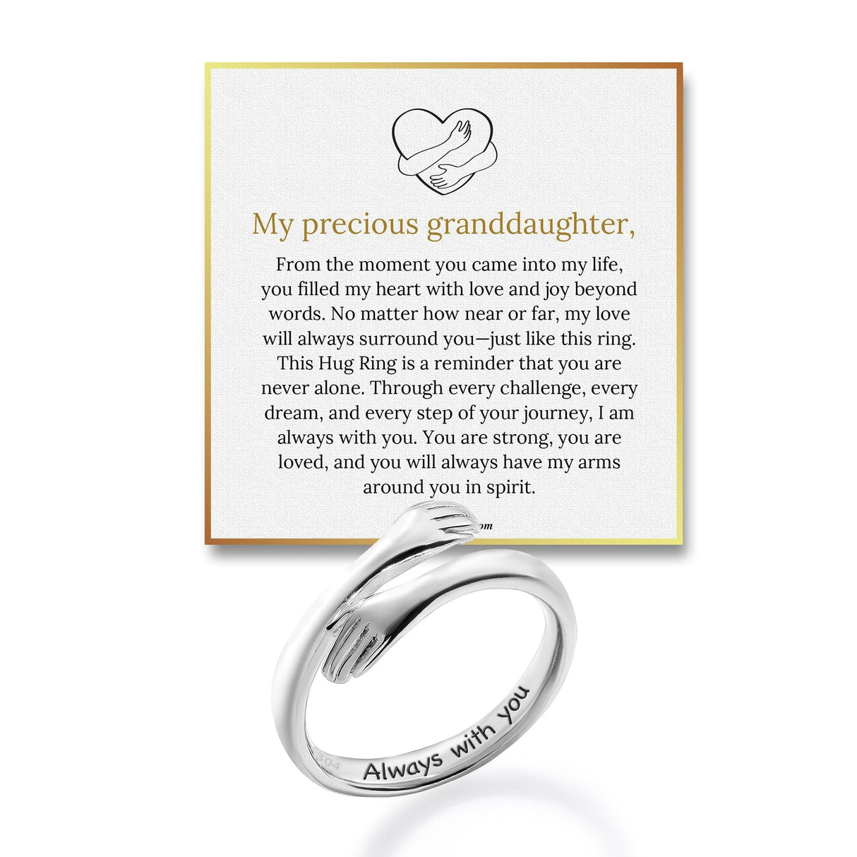 Granddaughter Hug Ring by Hope Rings – Inspirational 999 Pure Silver & 304 Stainless Steel Jewelry with “Always With You” Message – Adjustable Ring for Women – Tarnish Free Jewelry Gift for Her – Birthday Gift for Her