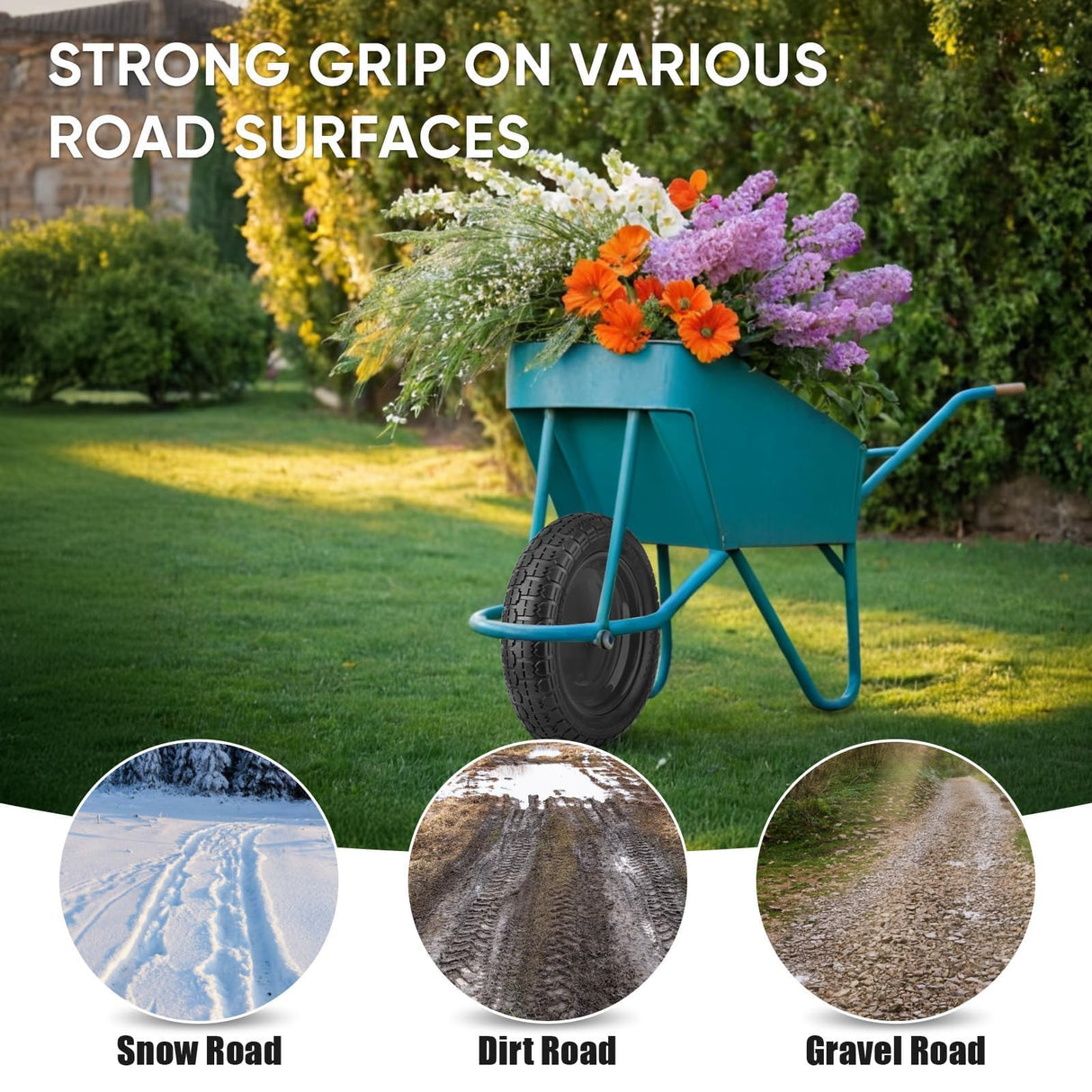 TICONN 4.80/4.00-8 Tire, 14.5" Flat Free Wheelbarrow Tire and Wheel, Solid Replacement Tires with 3" Centered Hub, 5/8" 3/4" Bearings, Universal Fit 4.80/4.00-8, 3.50/3.00-8, 4.00-6 (Black)