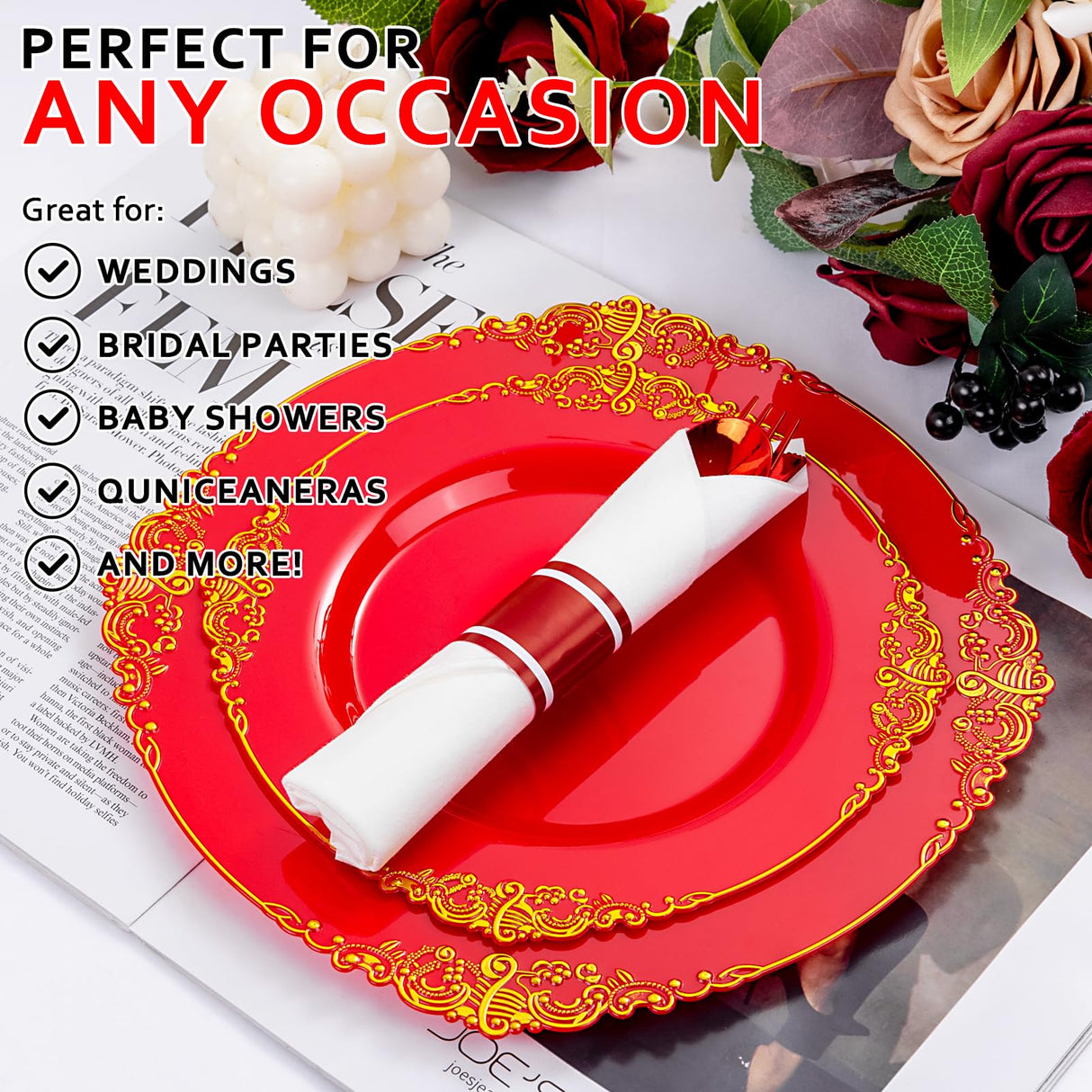 Joyido 400PCS Pre Rolled Red Plastic Silverware Sets - Heavy Duty Red Cutlery - Include 100 Pack Wrapped Disposable Utensils with Napkins for Christmas Parties & Dinners & Weddings