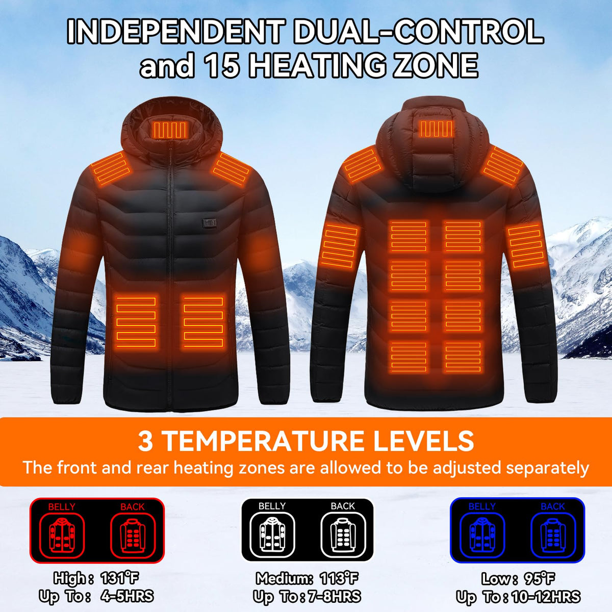 CHANGEOWN Heated Jackets for Women & Men, Dual-Control 15 Heating Zones Unisex Heating Jacket Coat with Battery, 3 Heating Levels Windproof & Waterproof Heating Jacket for Winter Outdoor, Medium