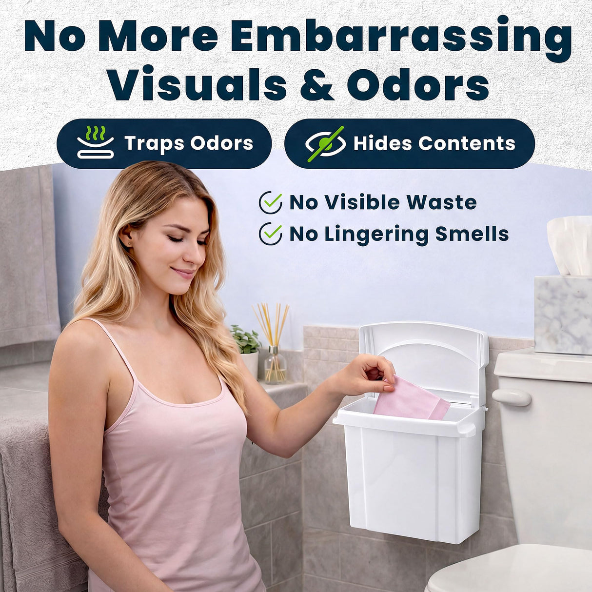 Alpine Sanitary Napkin Receptacle - Feminine Hygiene Disposal Container, Wall Mounted Trash Can with Odor Control Seal & Installation Hardware (White)