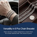 Mosflor 6 Pcs Silver Bracelets for Men, Cuban Link Chain Bracelet Stack Mens Stainless Steel Metal Rope Bracelet Set 8.3 Inches Mens Fashion Accessories Jewelry Non Tarnish for Men Dad Him Husband Son