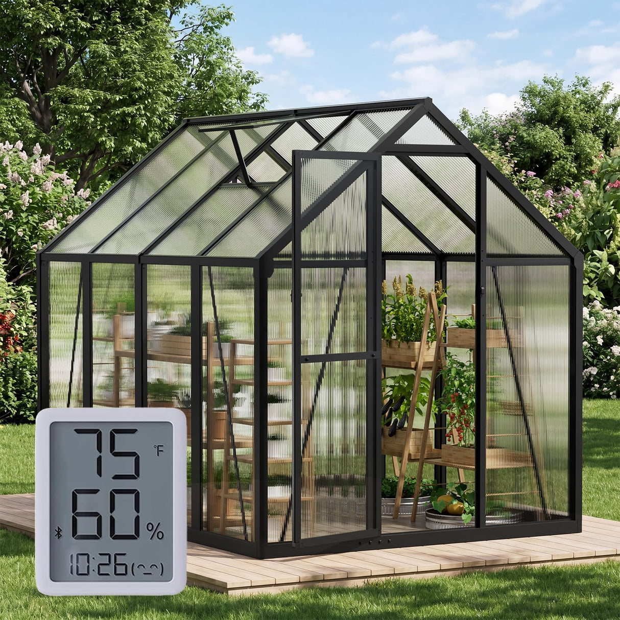 6x8 FT Greenhouse with Hygrometer, Greenhouses for Outdoors with Heavy Duty Aluminum Frame, Quick Setup Plant Gardening Green Houses for Outside with Lockable Door & Vented Roof Window