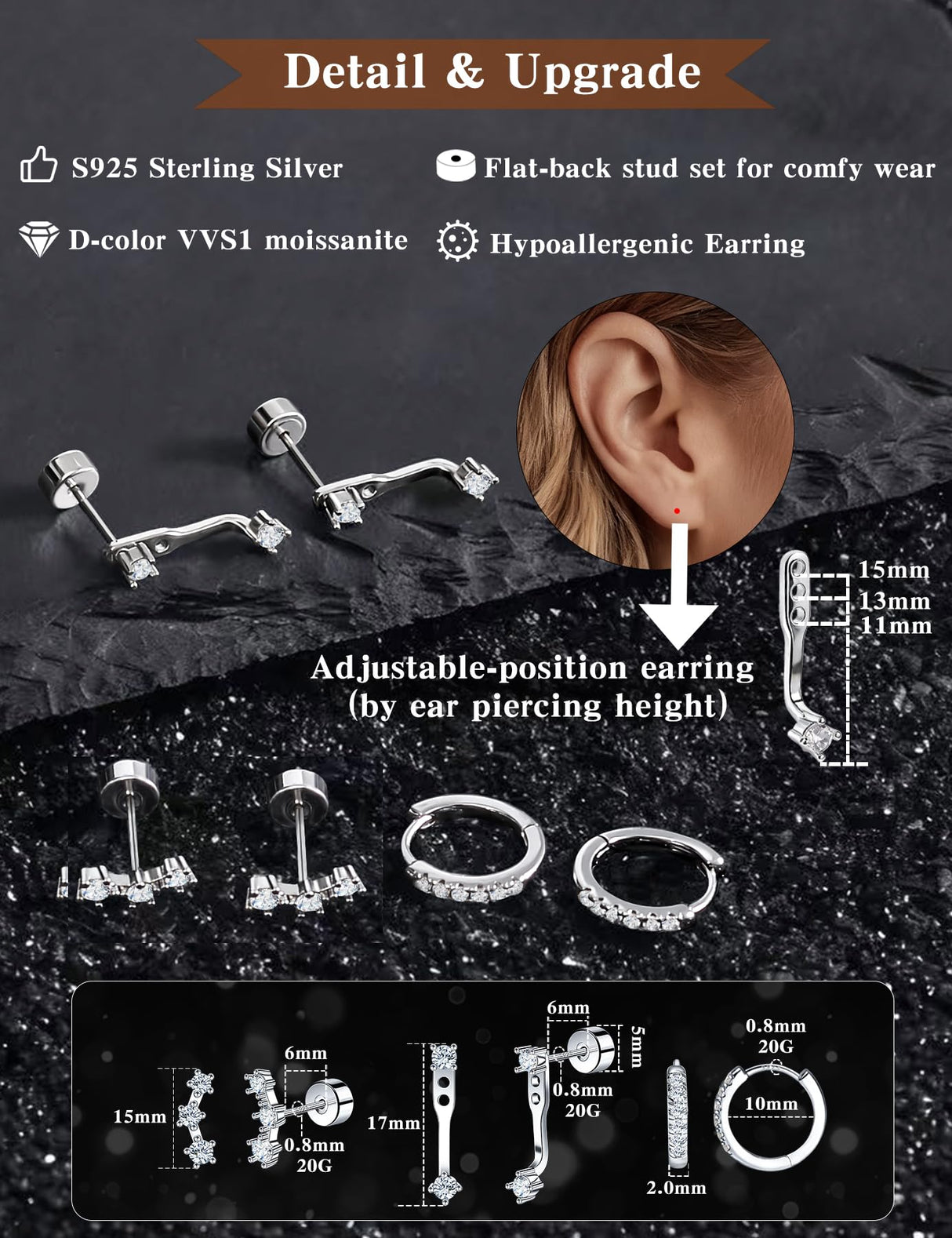 Moissanite 925 Sterling Silver Flatback Stud Jacket Earring Stacks 3 Pairs