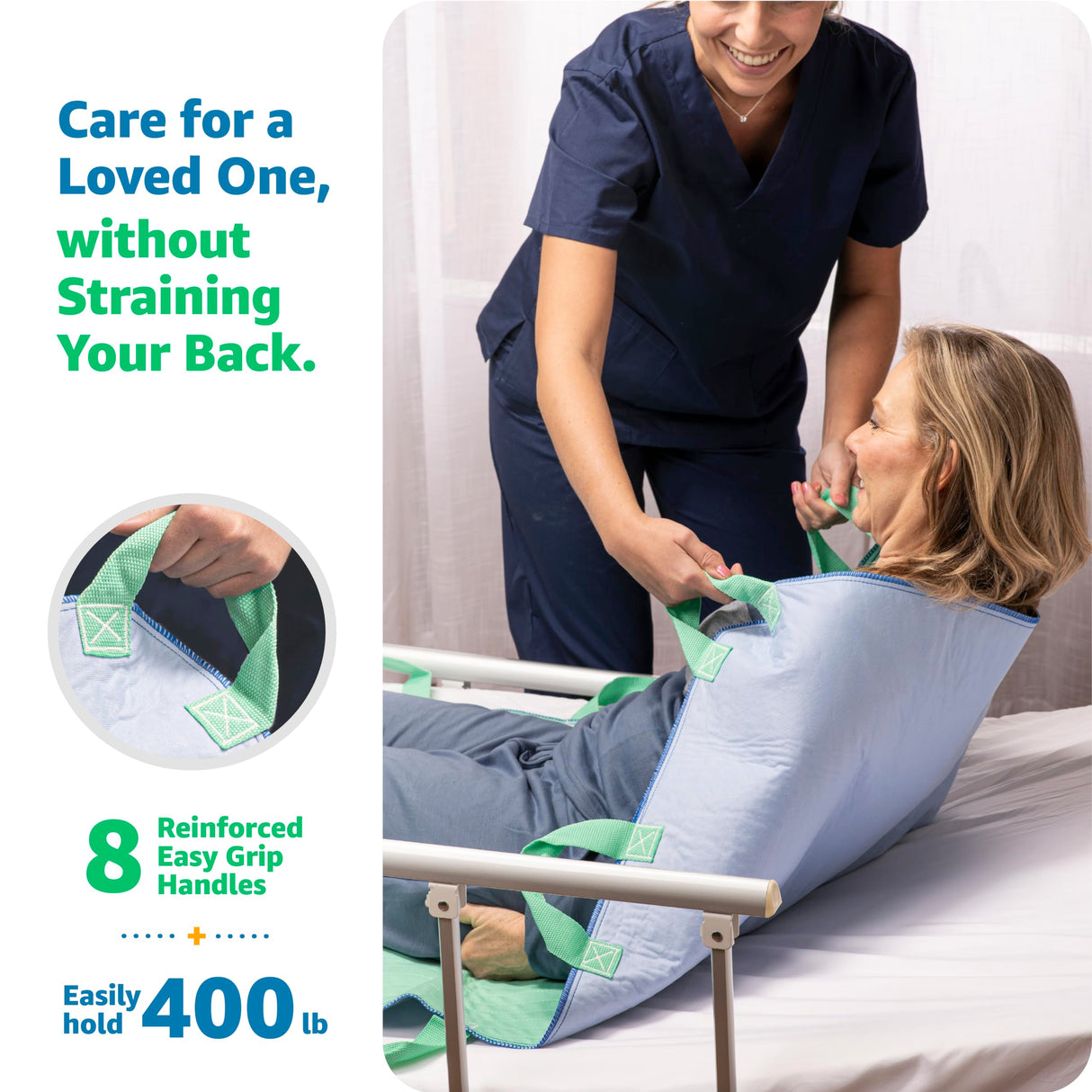 Improvia Positioning Bed Pad 34"x52" with 8 Reinforced Handles, Quick-Drying, Washable, Waterproof, Reusable, Mattress Protection, For Lifting, Turning, Transfering, Elderly and Incontinence patients.