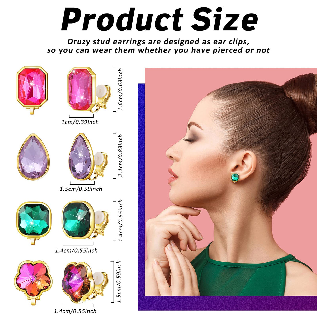 Hicarer 12 Pairs Clip on Earrings for Women Girls, Non-pierced Rhinestone Stud Earrings, Colorful Trendy Iridescent Fake Crystal Earring Clips Set for Birthday Party Wedding Daily Jewelry Gift