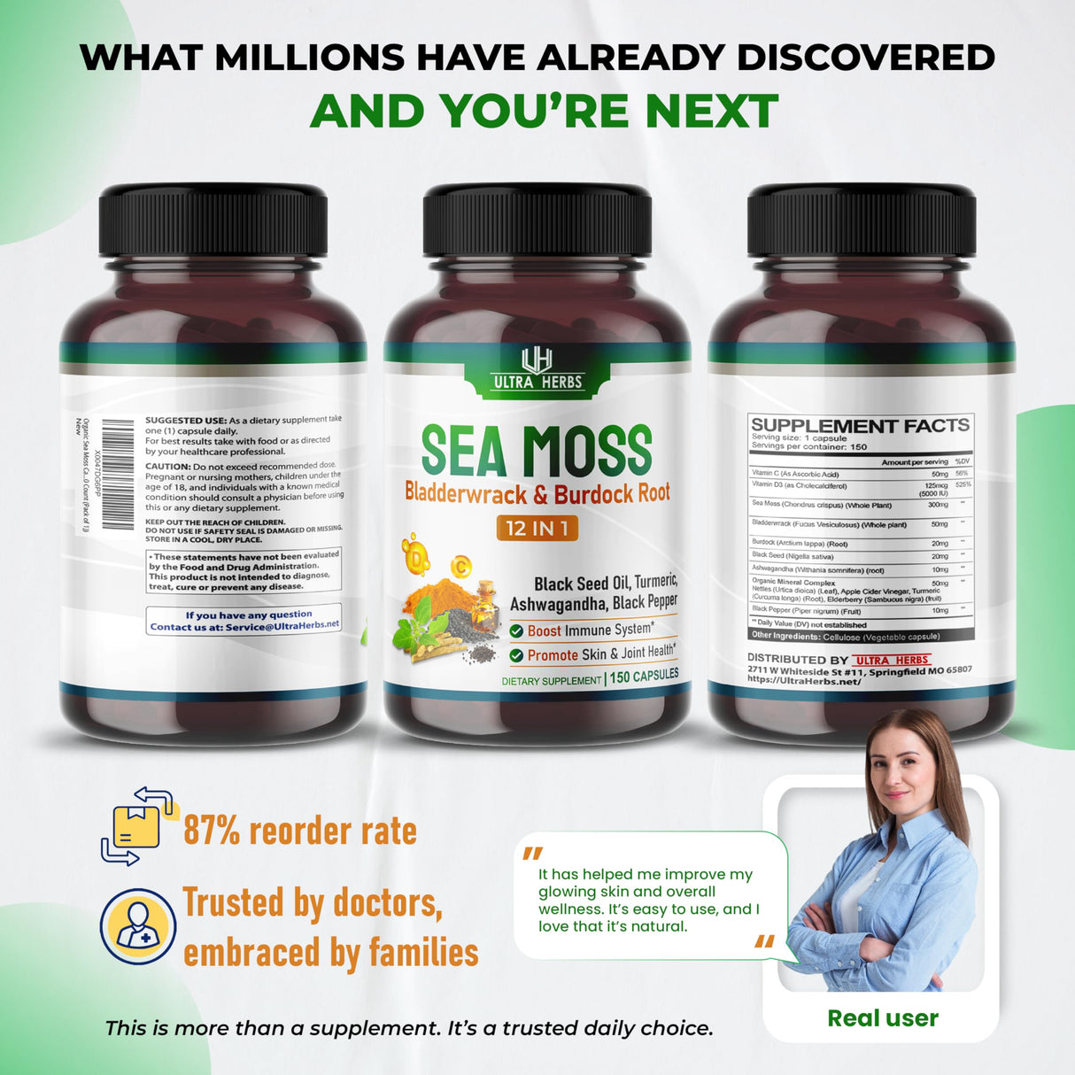 Organic Sea Moss Capsules with Black Seed Oil, Ashwagandha, Burdock Root, Bladderwrack for Immune System, Gut, Skin & Energy *USA Made & Tested* (150 Count (Pack of 1))