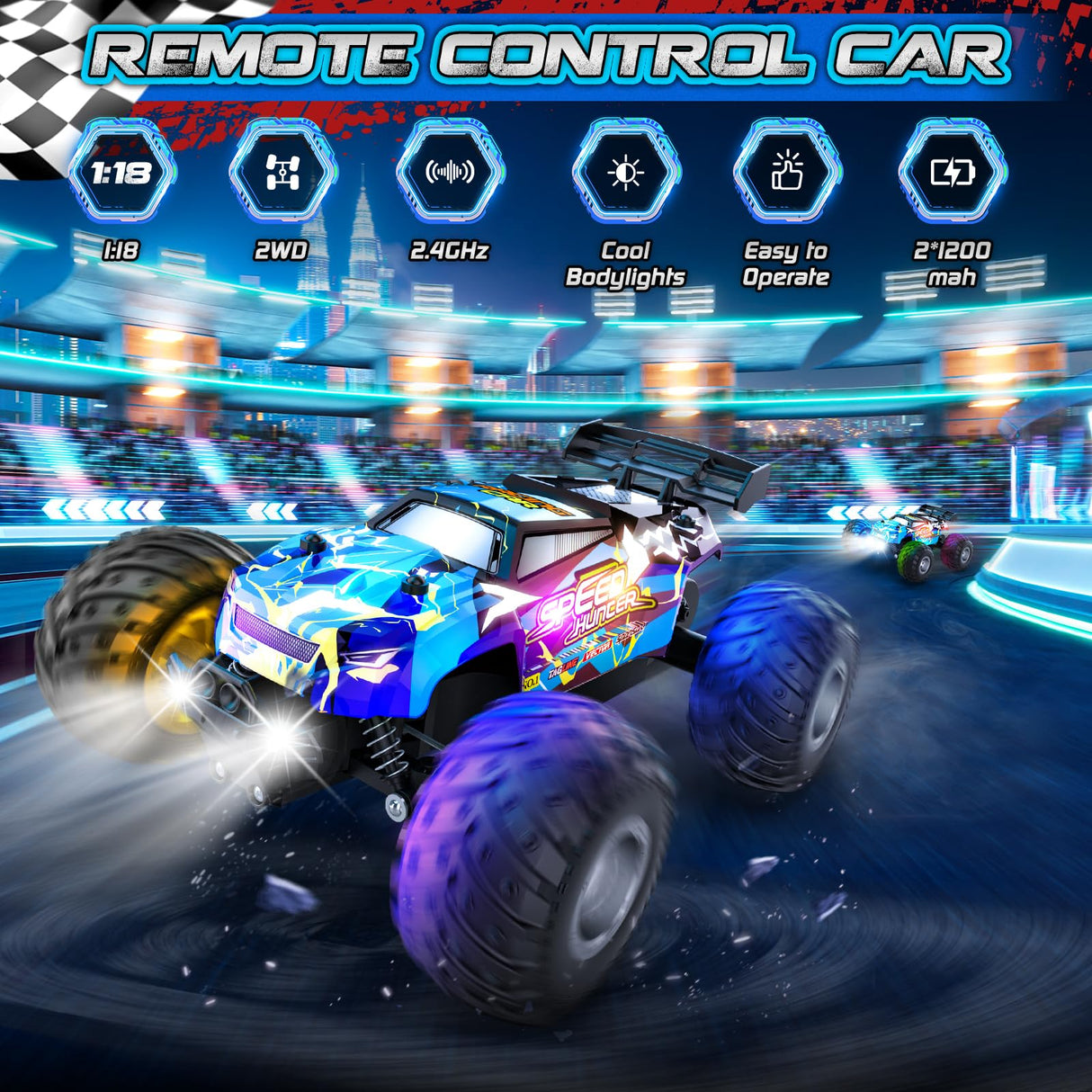 Remote Control Car, 1:18 2WD Off-Road RC Truck 20 KM/H, All-Terrain RC Cars with Headlights, BodyLights, 2.4GH Rechargeable Remote Control Monster Truck, Christmas or Birthday Gift Toys for Boys Girls