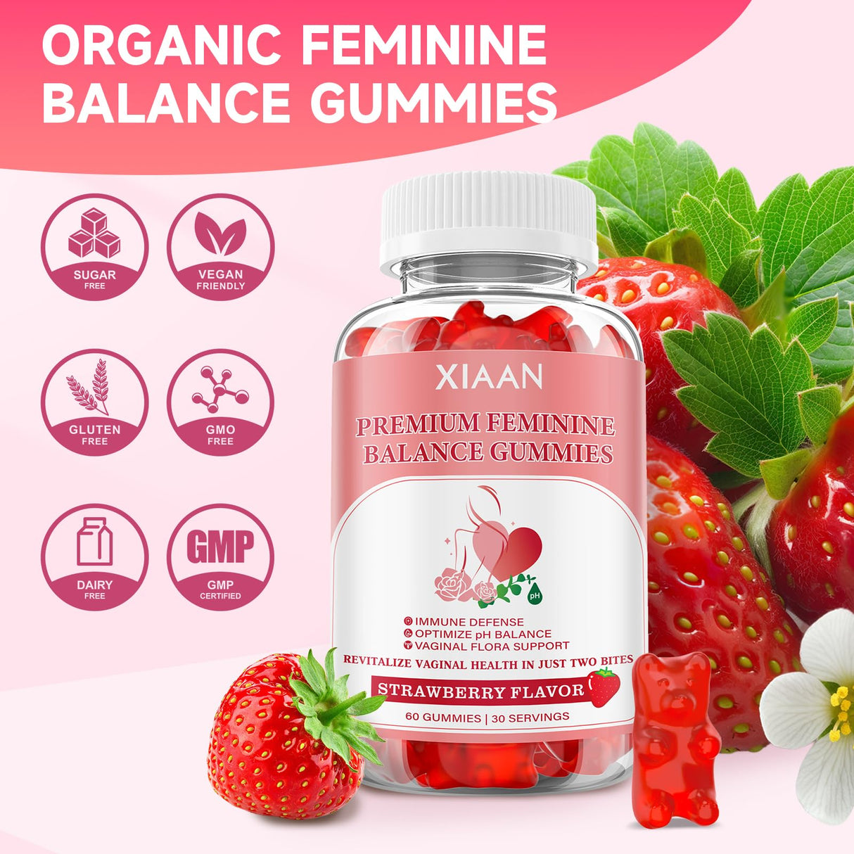 XIAAN Feminine Balance Gummies for Women, 2 Pack Premium Feminine Balance Gummies Support PH Balance & Vaginal Health, Vegan, Gluten-Free, Strawberry Flavor