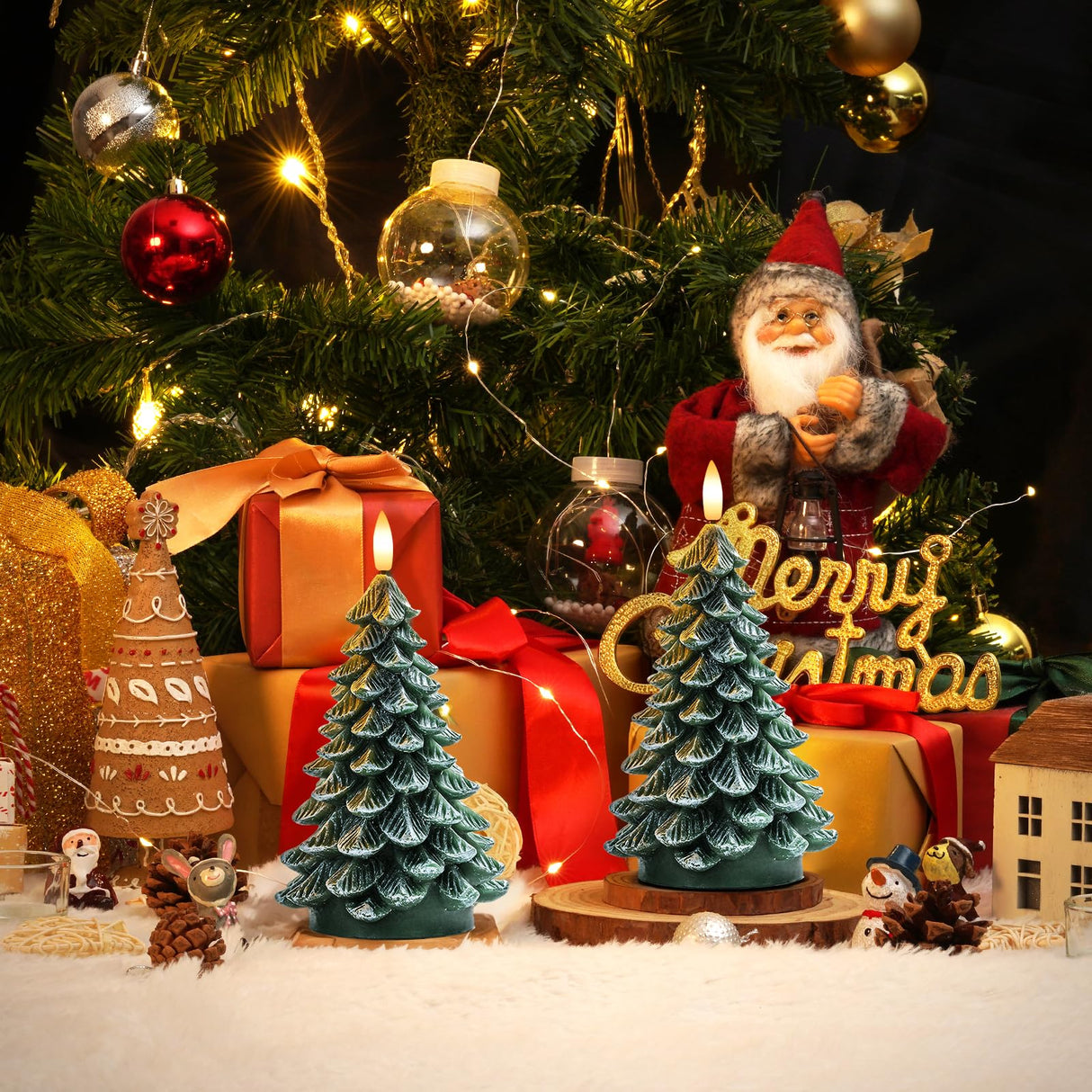 Homemory Christmas Tree Candles with 6 Hours Timer, 2 Pcs Waxy LED Flameless Candles Flickering, Green Electric Candles Battery Operated for New Year Celebration Holiday Decorations 8.5 Inches