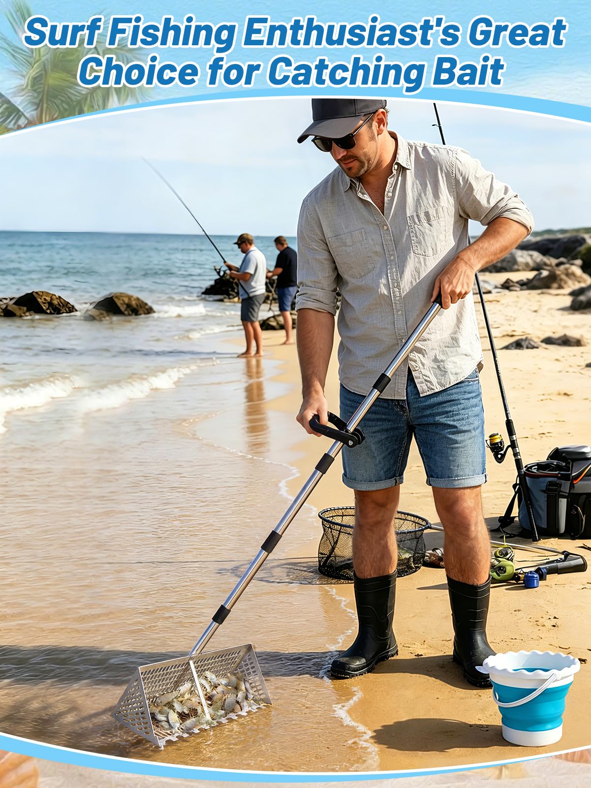 69in Effortless Sand Flea Rake - Stainless Steel Shark Tooth Sifter with Bucket, Sands Sifter Shelling Tools for Beach Metal Detecting Beachcombing