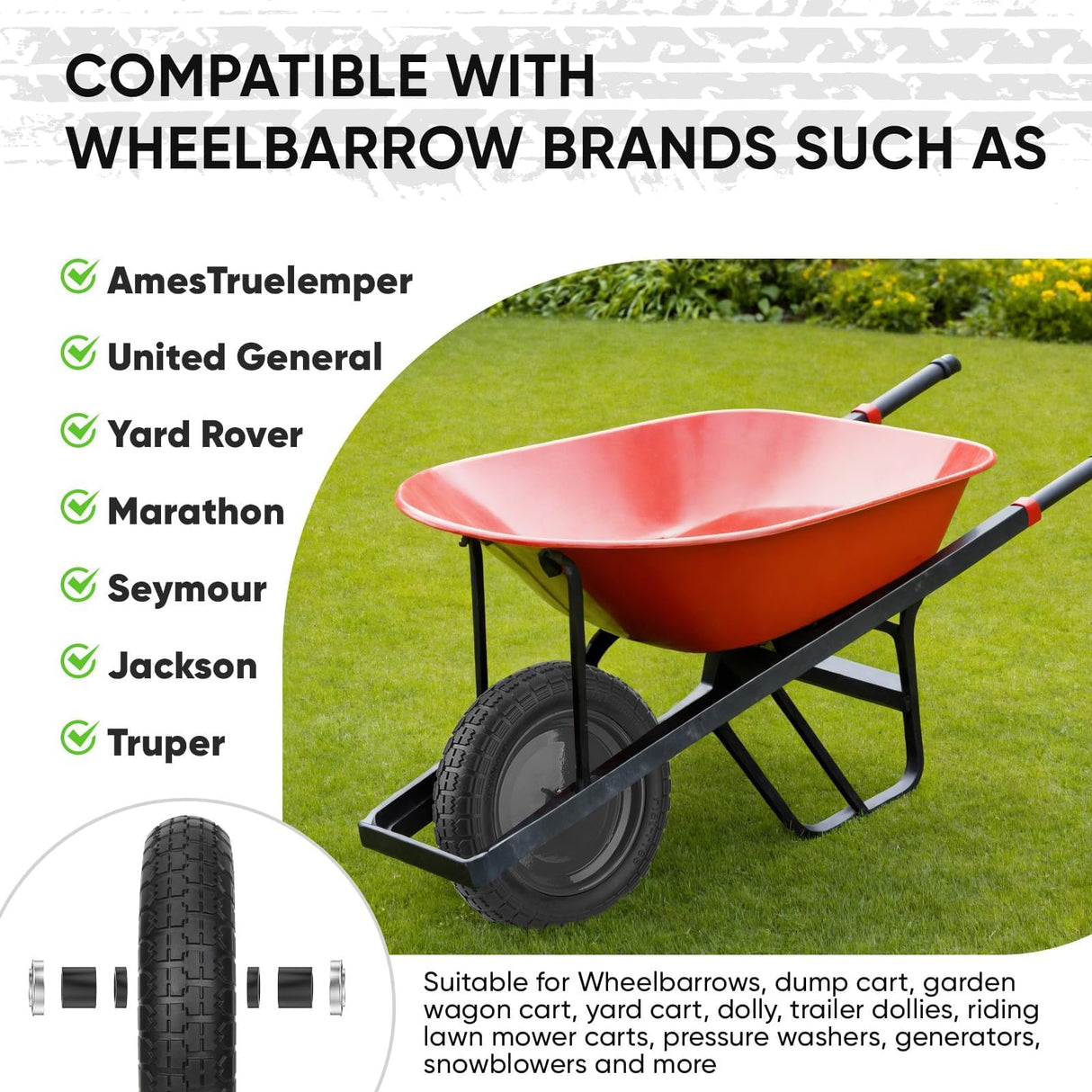 TICONN 4.80/4.00-8 Tire, 14.5" Flat Free Wheelbarrow Tire and Wheel, Solid Replacement Tires with 3" Centered Hub, 5/8" 3/4" Bearings, Universal Fit 4.80/4.00-8, 3.50/3.00-8, 4.00-6 (Black)