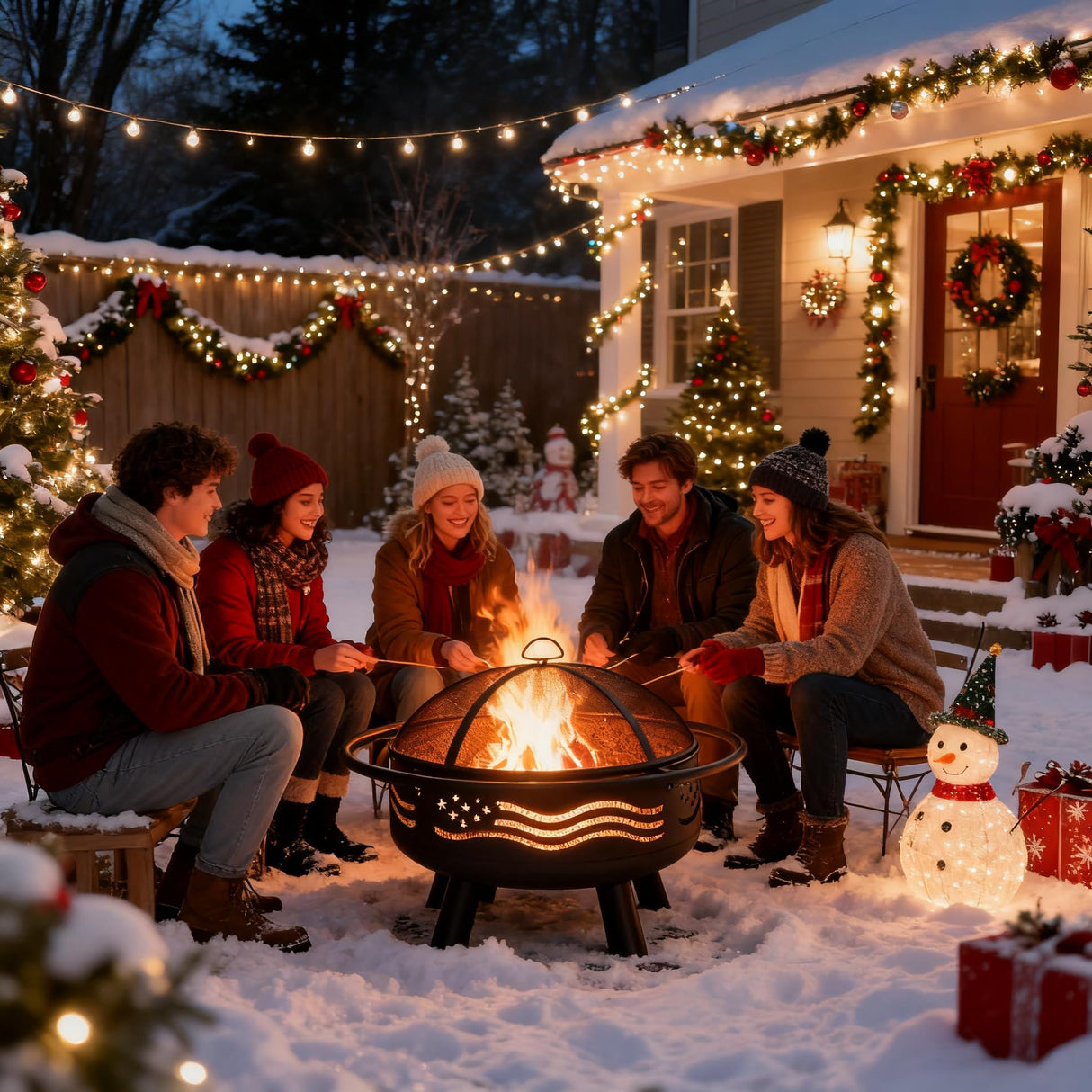 Breezz 32 Inch American Flag Fire Pit with Mesh Cover & Poker, Round Metal Wood Burning Outdoor Firepit for Patio, Garden, Backyard, Bonfire, Ideal for 4th of July, Memorial Day, Christmas