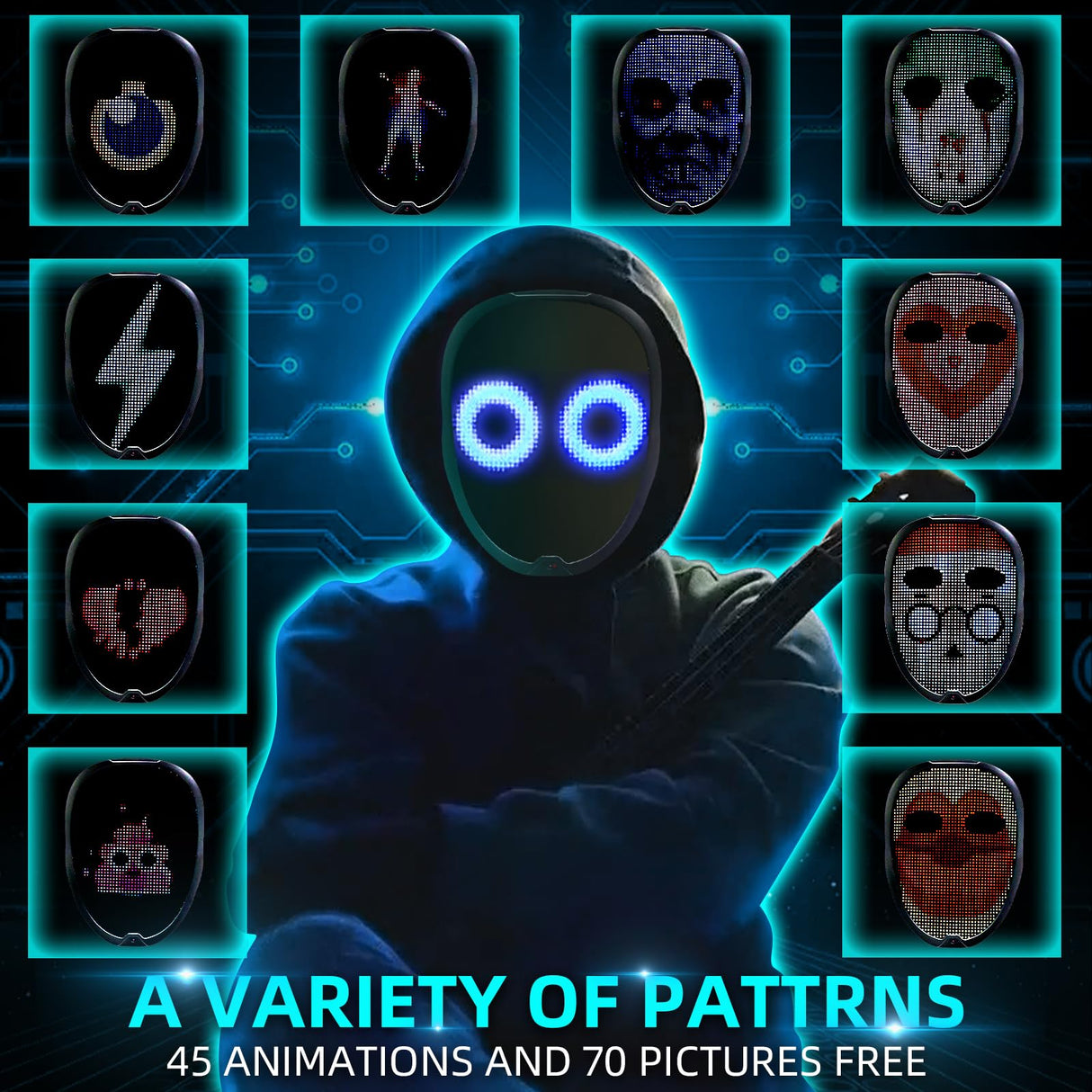 Ompusos LED Mask with Gesture Sensing, Light-Up Transforming Face Cover for Halloween, Christmas, Cosplay & Birthday Parties（APP Mask）