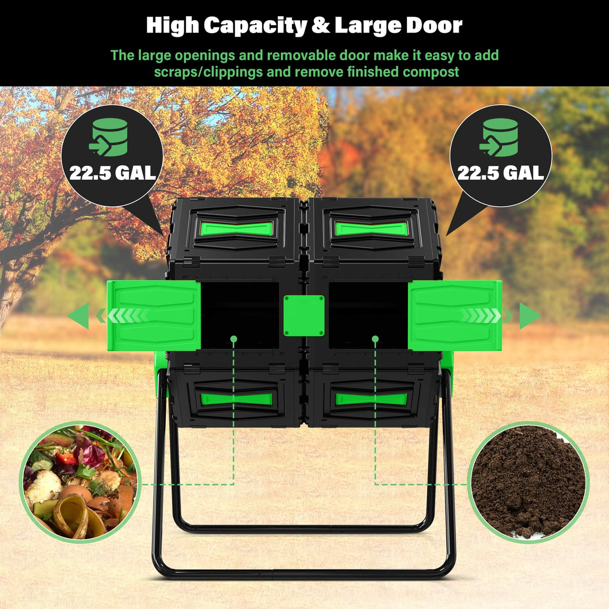 Compost Tumbler, Easy Assemble & Efficient Outdoor Compost Bin, 45 Gallon/170 Liter Large Dual Chamber Rotating Composter for Garden, Kitchen, and Yard Waste, Green Door