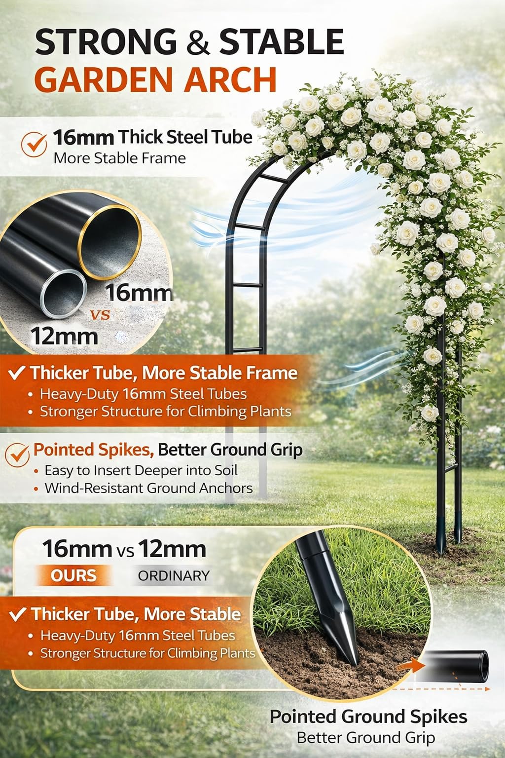 Thickened Tube Garden Arch,7.3ft Heavy-Duty Metal with 16mm Steel Tubes & 0.5mm Thickened Wall, Durable Outdoor Trellis for Climbing Plants,Roses,Garden Party,Ceremony & Decorations (Black)