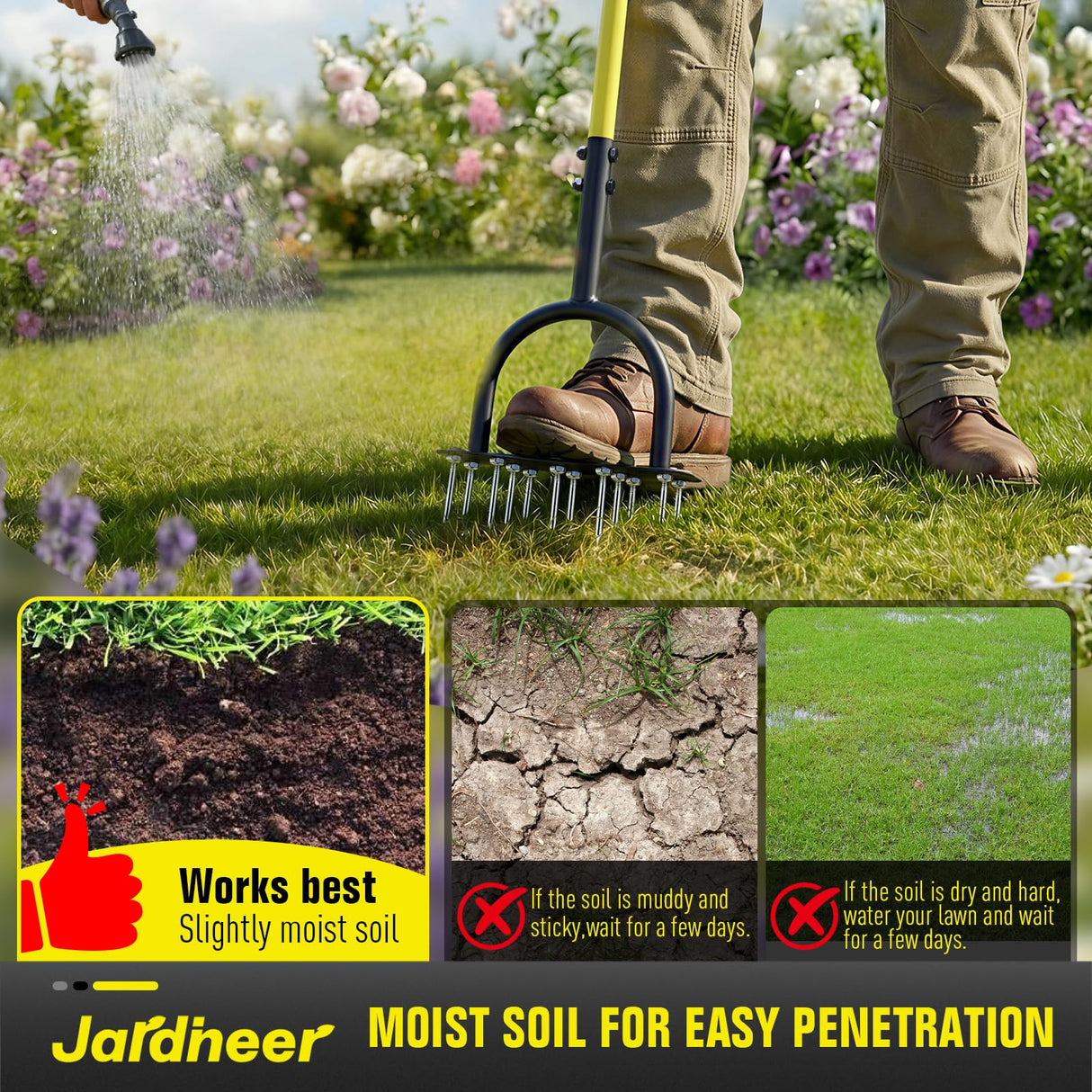 Jardineer Lawn Aerator Spike Tool, 36" Manual Yard Aeration Tool with 12 Thickened Steel Spikes, Pre-Assembled Grass Aerator for Soil Loosening & Yard Aeration in Lawn, Yard and Garden