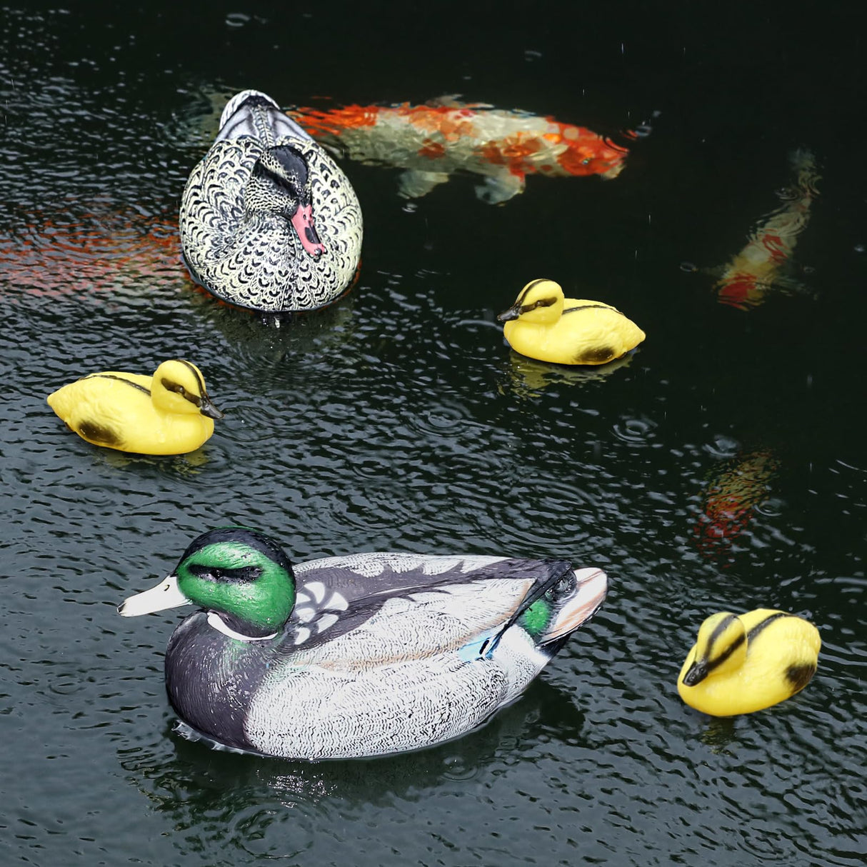 Cifavor 5 PCS Floating Mallard Duck Bait Set -2 Adult 3 Ducklings, Realistic Resin Floating Duck Bait Home Pack, Mallard Duck Bait Yard Pond Décor
