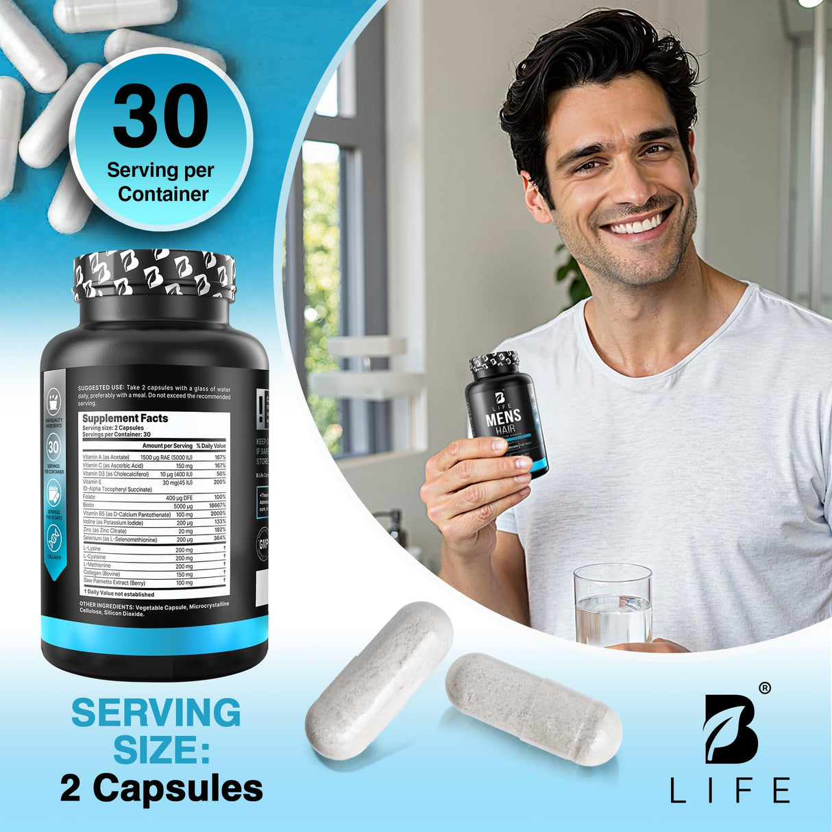 Men’s Hair Supplement – 60 Capsules – Biotin for Hair Growth Men – Hair Vitamins for Hair Loss for Men – Hair Supplements for Hair Growth with Collagen, Zinc, Selenium, Vitamins A,C,D,E – 30 Servings