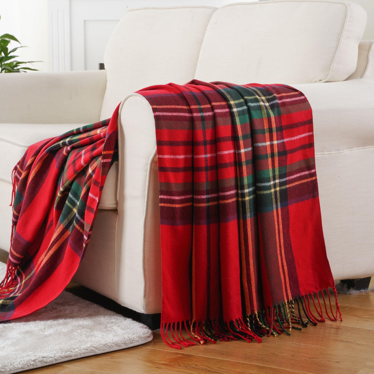 BATTILO HOME Christmas Red Plaid Throw Blanket for Couch, Bed, Super Soft Red Plaid Blankets,Soft Christmas Decorative Throw with Tassels 50"x60"