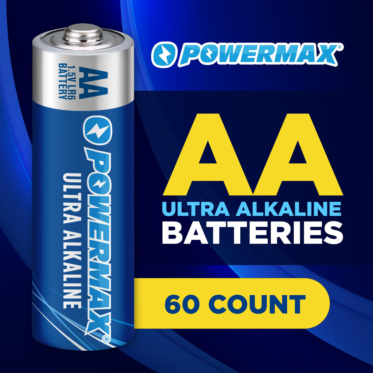 Powermax 60-Count Double AA Batteries, Ultra Long Lasting Alkaline Battery for Home and Office, 10-Year Shelf Life, Reclosable Packaging