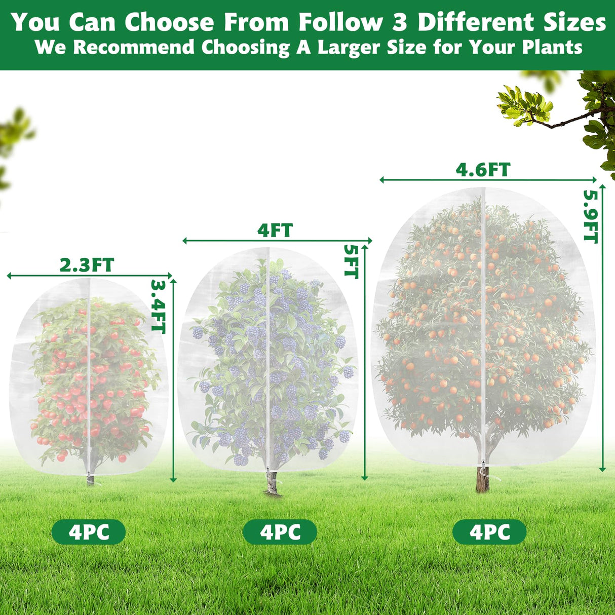 OZMI 4 Pack Fruit Tree Blueberry Bush Netting Cover, 4.6Ft x 5.9Ft Reusable Bird Netting for Garden Protection with Zipper & Drawstring, Shrubs Tomato Strawberry Plant Bushes Protector