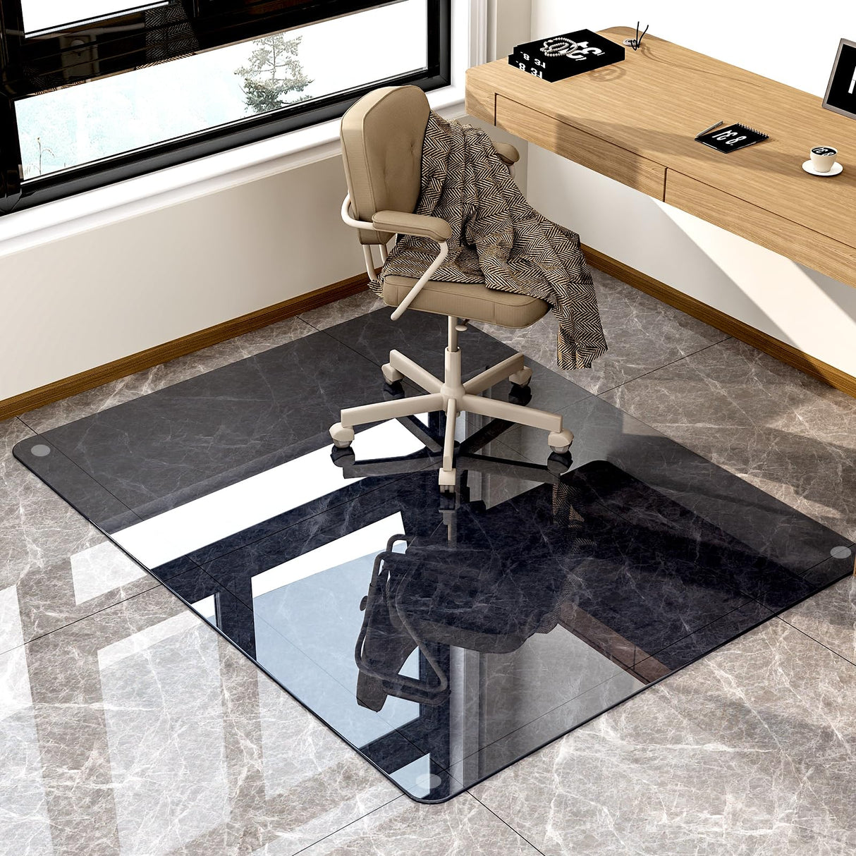 GLSLAND Office Chair Mat, 36" x 46" Grey Tempered Glass Floor Mat for Office Chair on Carpet, 1/5" Thick Computer Floor Mat with 4 Anti-Slip Pads