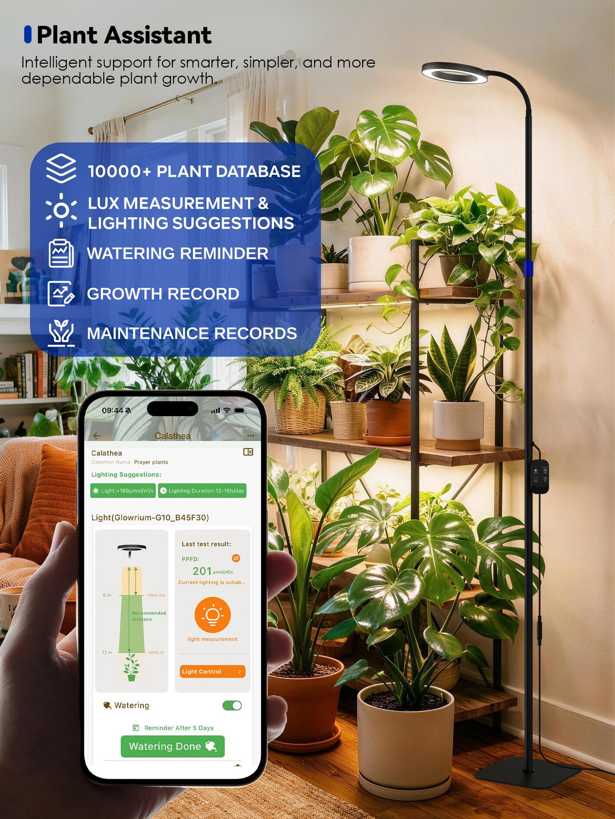 Smart Grow Light for Indoor Plants, 53.9"-67.5" Adjustable Height Full Spectrum LED Plant Light, APP Control with Auto Timer, Plant Assistant,Stepless Dimming, Ideal for Large Tall Plants