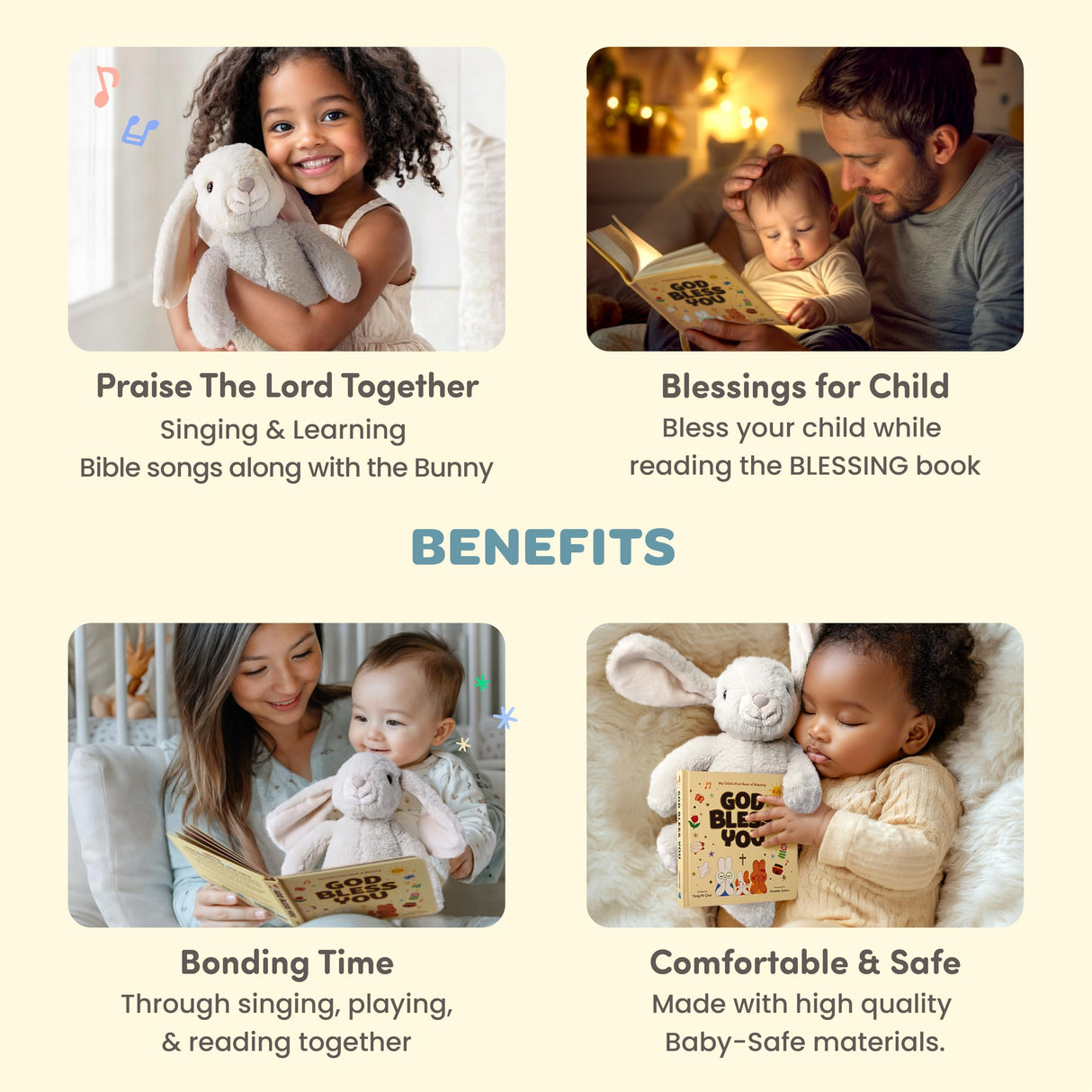 HELLO 2 KIDS Praise Bunny Christian Baby Gift Set – 11” Musical Plush with 3 Bible Songs, Blessing Book, Keepsake Box & Stickers – Perfect Christmas, Baptism, Christening Gift for Boys & Girls