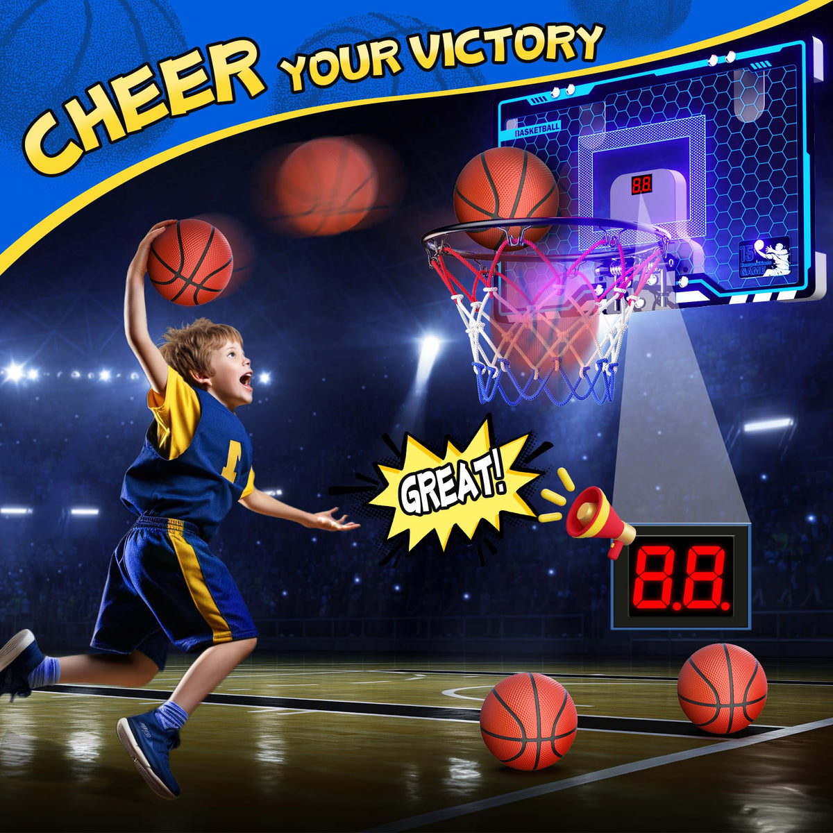 Indoor Basketball Hoop with Auto Scoring, Lights & Balls for Kids Ages 5-12