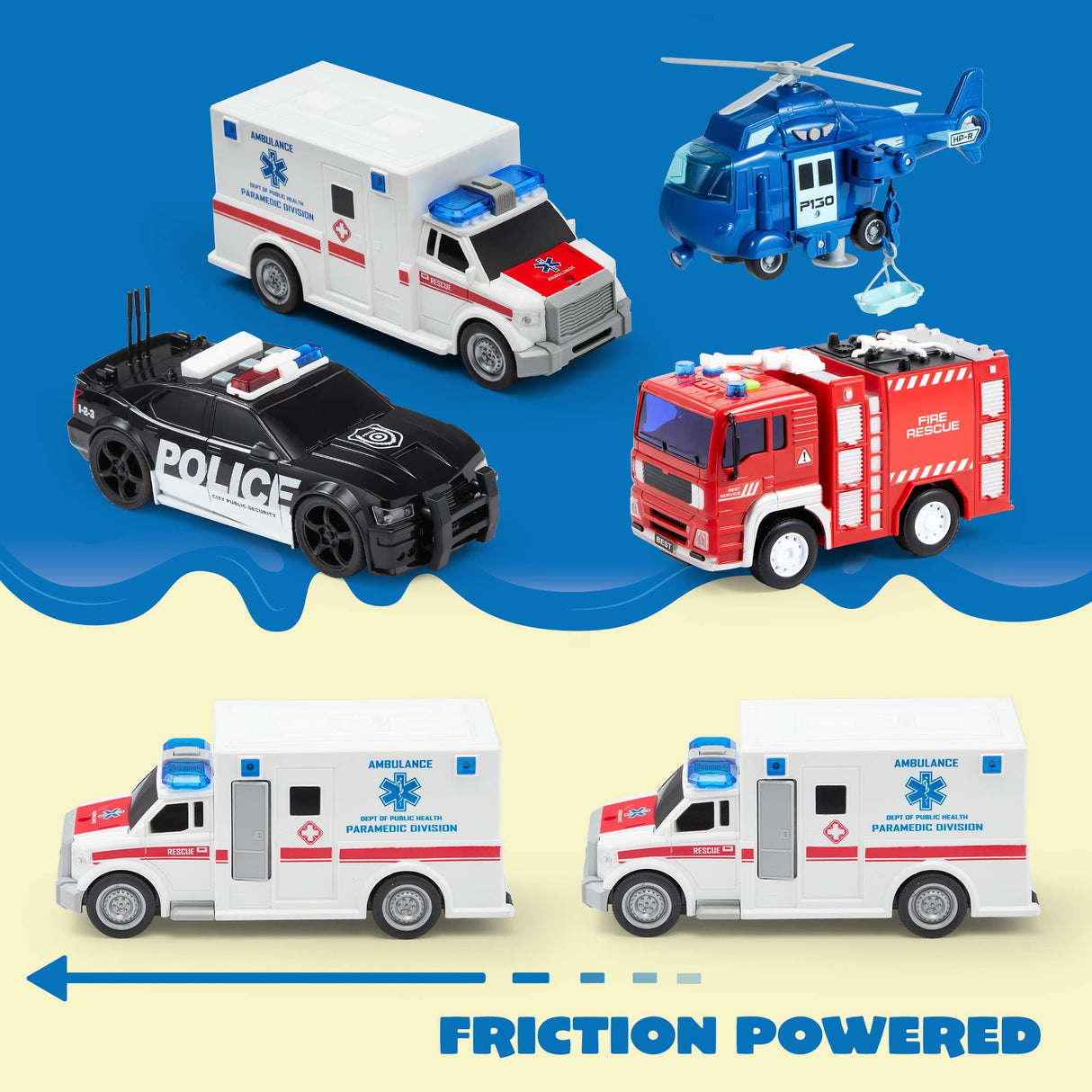 JOYIN 4 Packs Emergency Vehicle Toy Playsets, Friction Powered Vehicles with Light and Sound, Including Fire Truck, Ambulance, Play Police Car and Helicopter, Christmas Toddler Kids Boys Gifts
