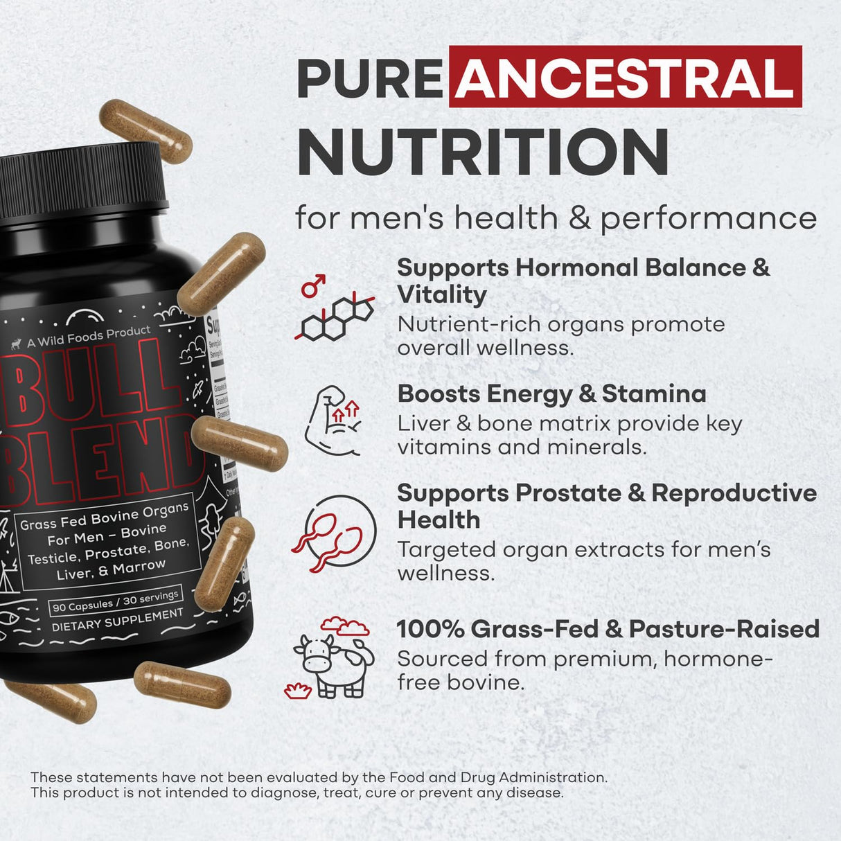 Wild Foods Men's Vitality Formula – Grass-Fed Bovine Supplement & Beef Liver Capsules with Testicle, Prostate, Whole Bone | Primal and Carnivore Diet Approved | 90 Organ Meat Capsules (30-Day Supply)