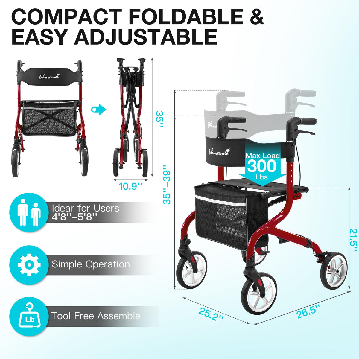 Unique Rollators PLANET WALK Super Lightweight Rollator Walker for Seniors, Foldable Ro ...