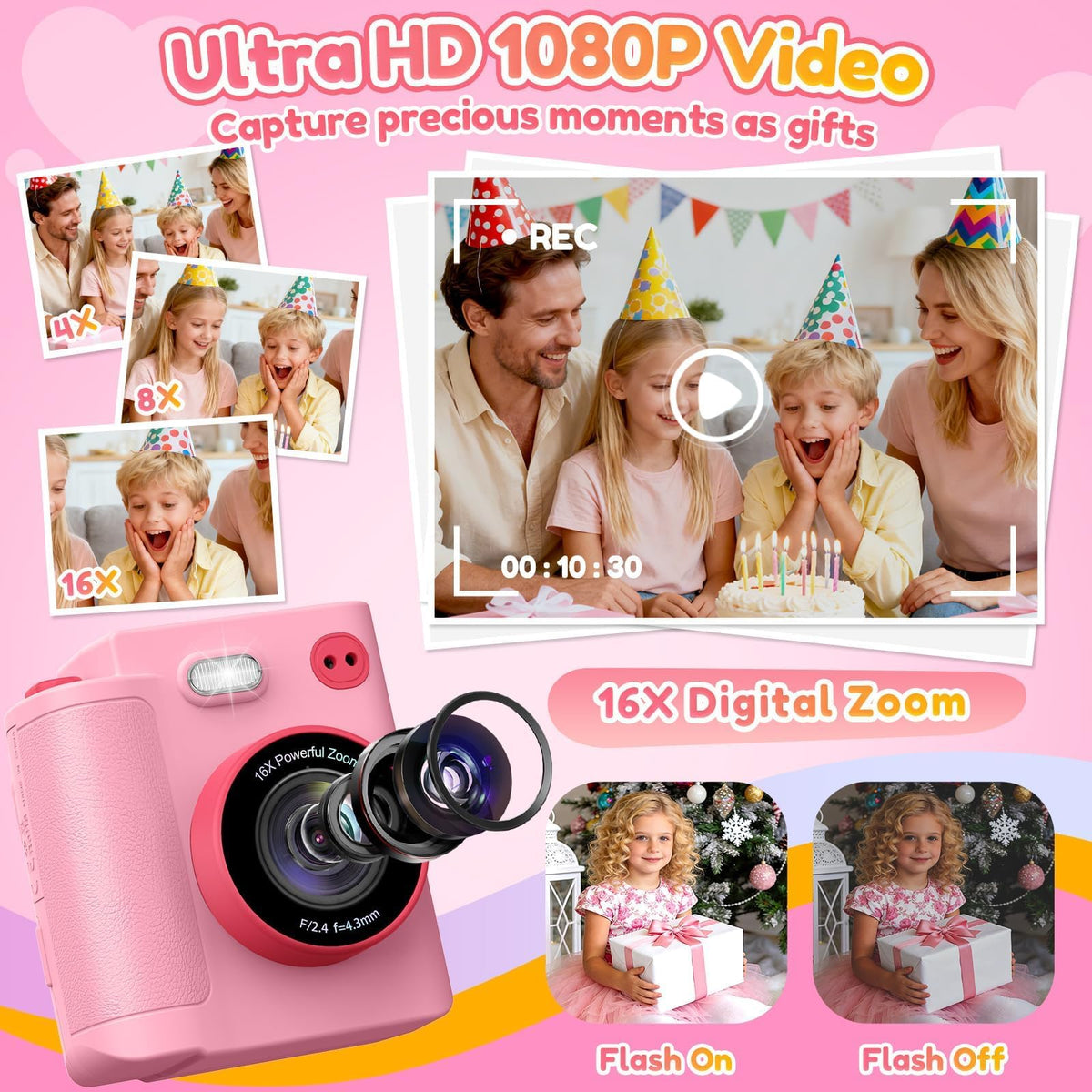 Yunaking Kids Camera Instant Print, Birthday Christmas Girls Gift 3-12 Pink