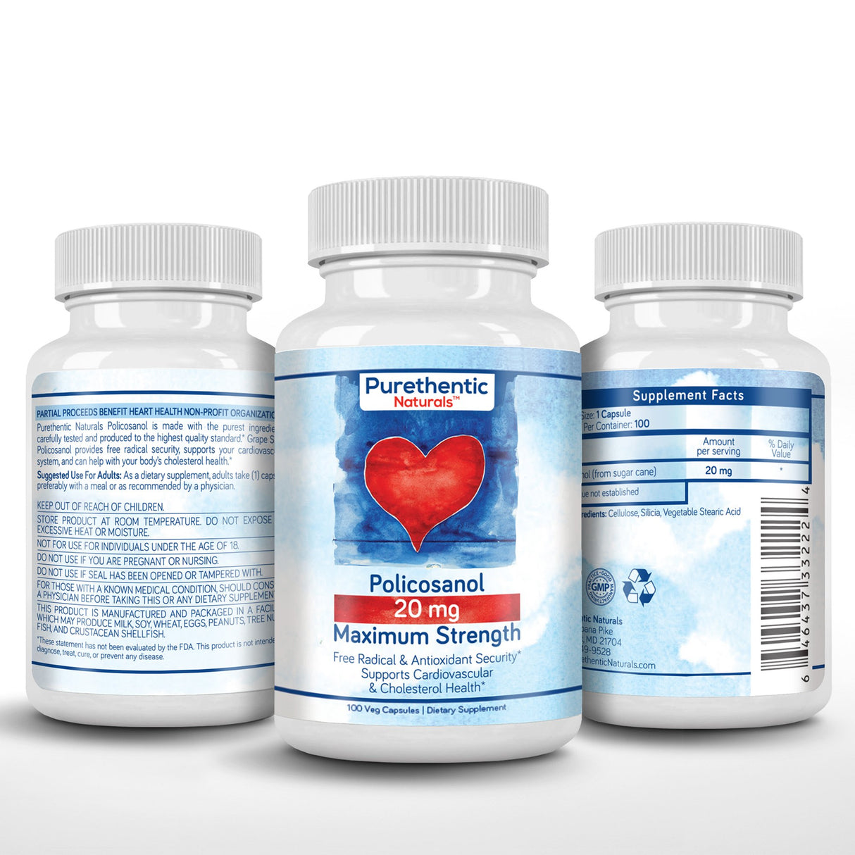 Purethentic Naturals Policosanol 20mg | Supports Cardiovascular & Cholesterol Health* | Free Radical & Antioxidant Protection* | from Pure Sugar Cane with No Unnecessary Fillers | 100 Veg Capsules