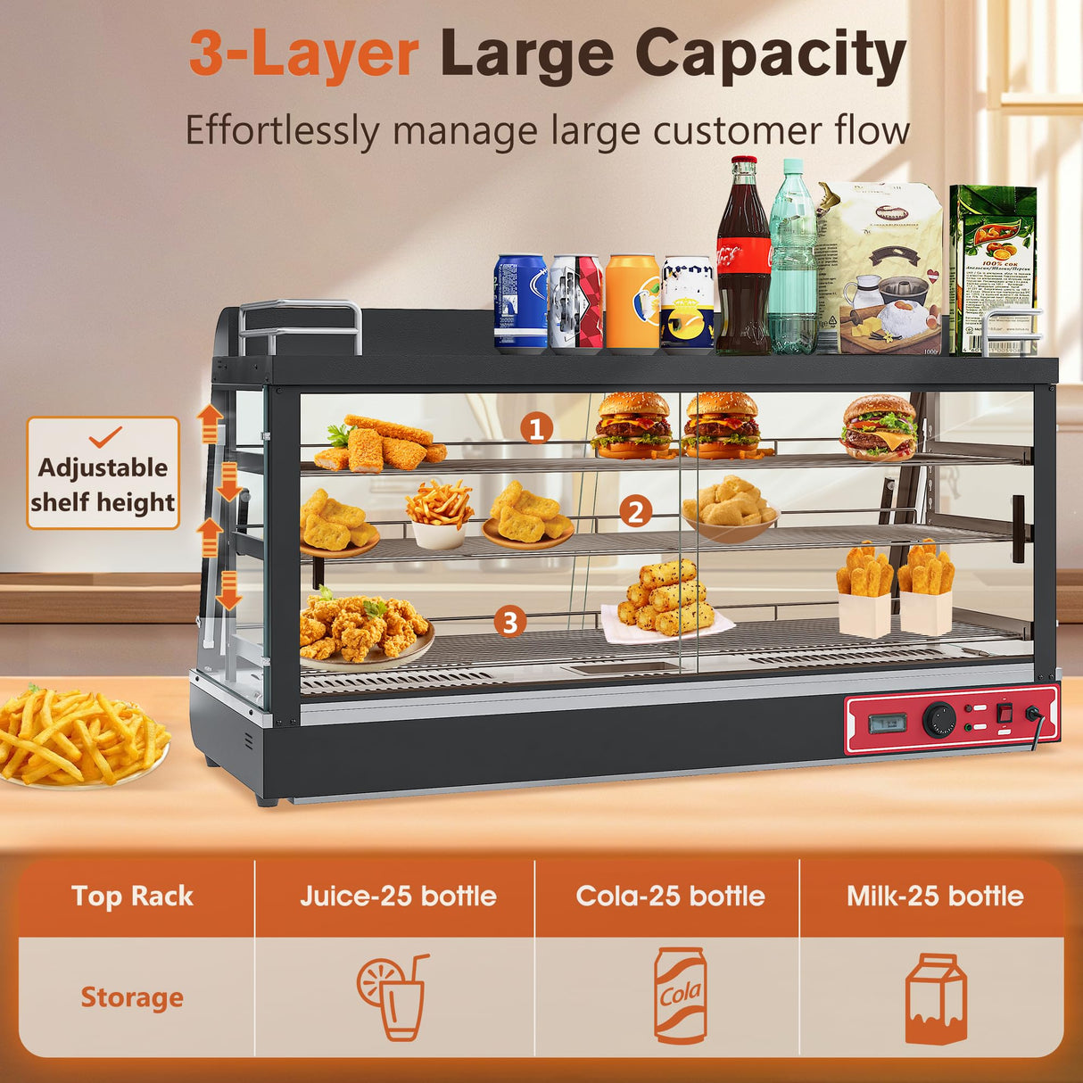 3-Shelf Commercial Food Warmer Display w/Top Rack, 44" Countertop Warmers Hot Box for Pizza/Pretzel/for Food Display, Heated Holding Cabinet Glass case, with LED Lighting for Buffet Restaurant