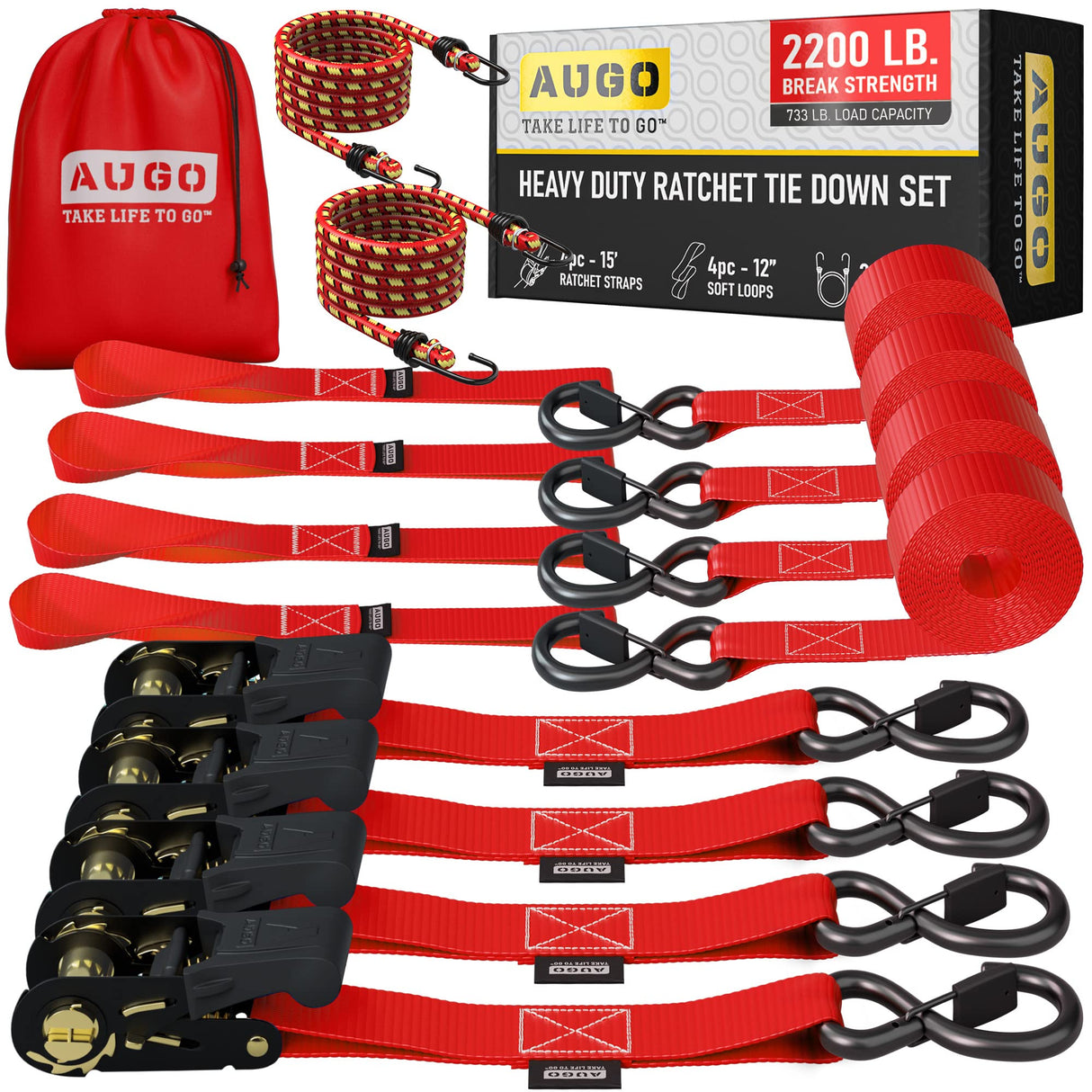 AUGO Ratchet Straps Heavy Duty 4 Pack -15 FT - 2200 LB Break Strength – with Safety Lock S Hooks - Cargo Straps for Moving, Appliances, Motorcycle – Soft Loop Tie Downs
