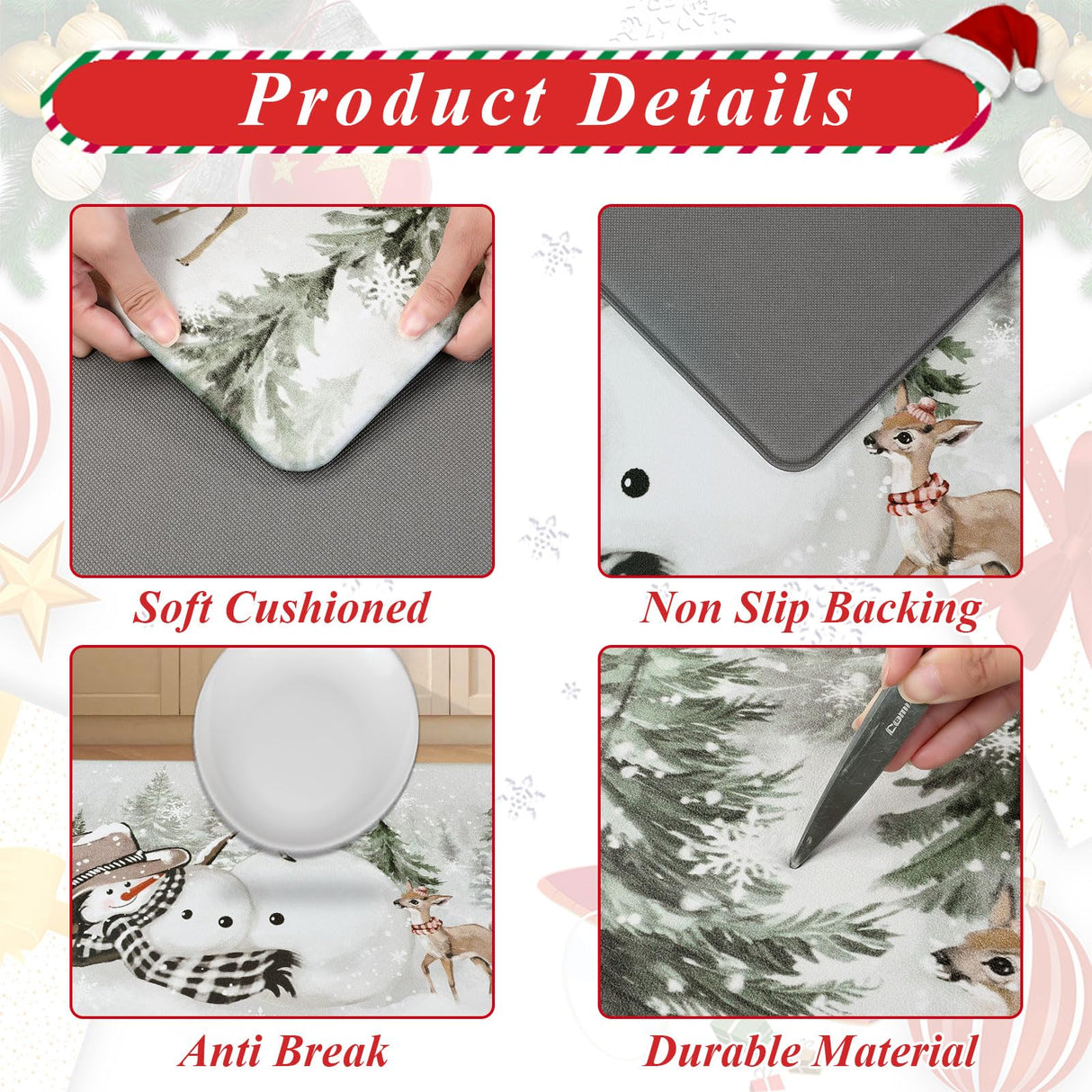 U'Artlines 2Pcs Christmas Anti Fatigue Kitchen Rugs and Mats, Christmas Tree Snowman Deer Non Slip Foam Cushioned Farmhouse Kitchen Floor Mats Comfort Standing Mats for Winter Home Decor Grey