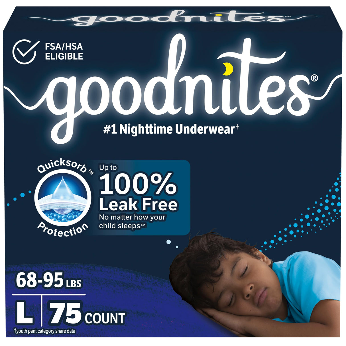 Goodnites Boys' Nighttime Bedwetting Underwear, Size Large (68-95 lbs), 75 Ct (3 Packs of 25), Packaging May Vary