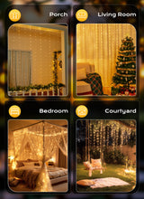 Brightown 2 Pack 300 LED Fairy Curtain Lights, 9.8ft x 9.8ft Warm White Curtain String Lights, USB Plug in 8 Lighting Modes LED Christmas String Hanging Lights with Remote for Bedroom Indoor Outdoor